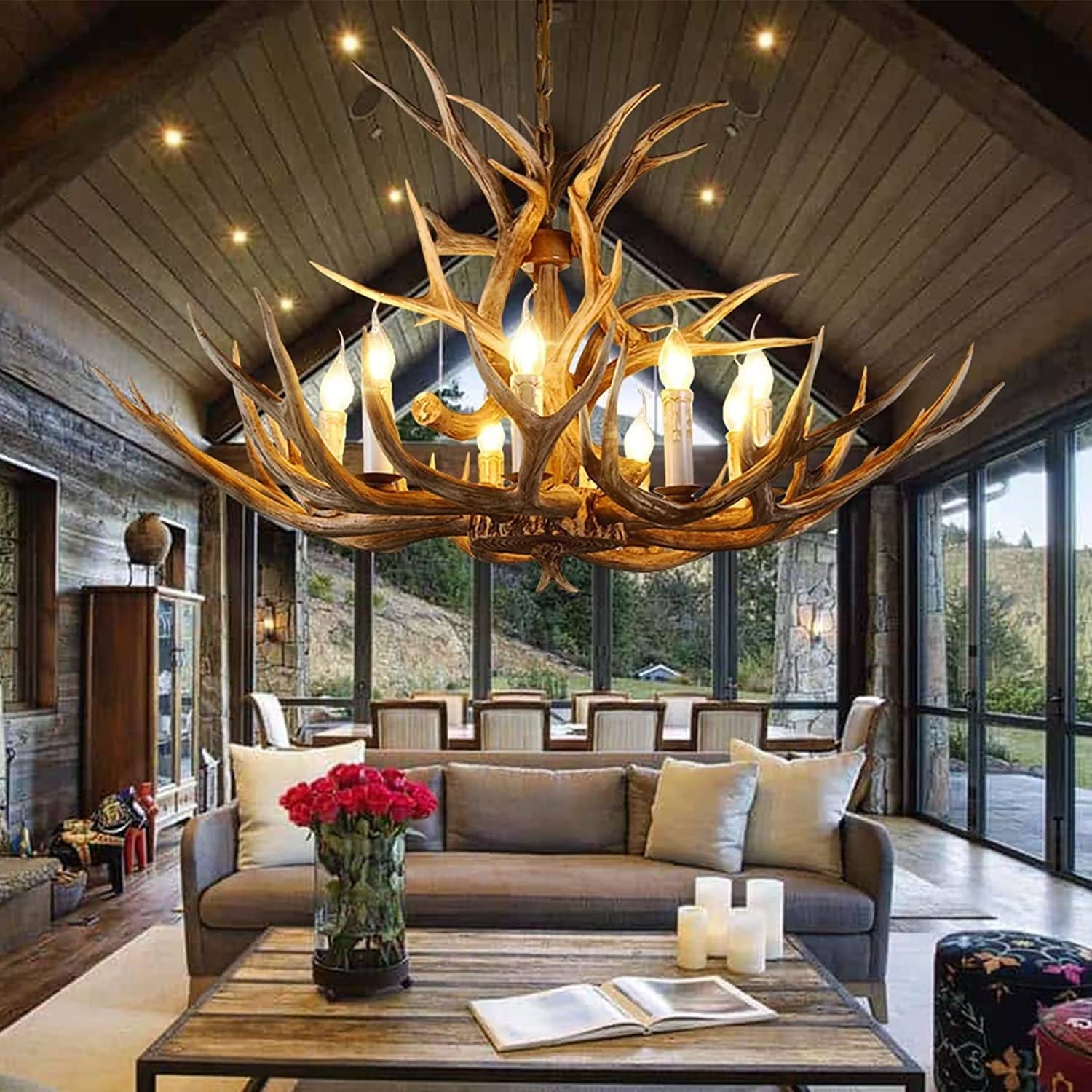 KLUFO Lampadario in resina di corna di cervo, lampadario di corna di cervo, lampadario di corna retrò a 8 luci E12 per camera da letto, soggiorno, bar, caffè.