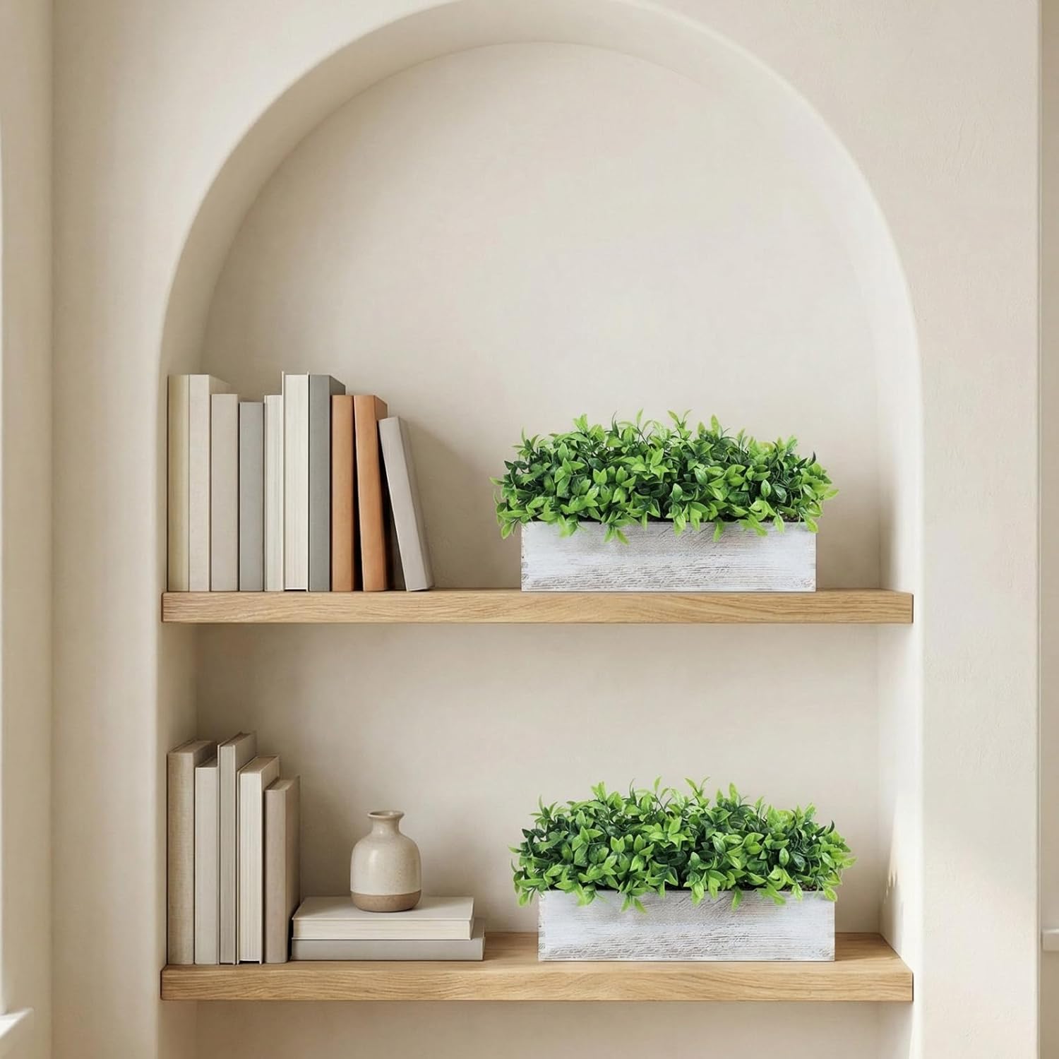 Lyrow 4 Pack Artificial Eucalyptus Plants in Rectangular Rustic Wooden Planter Box Faux Potted Herb Plant Greenery Centerpiece for Cabinet Windowsill Table Shelf Wedding Farmhouse Decor (White,16 '')