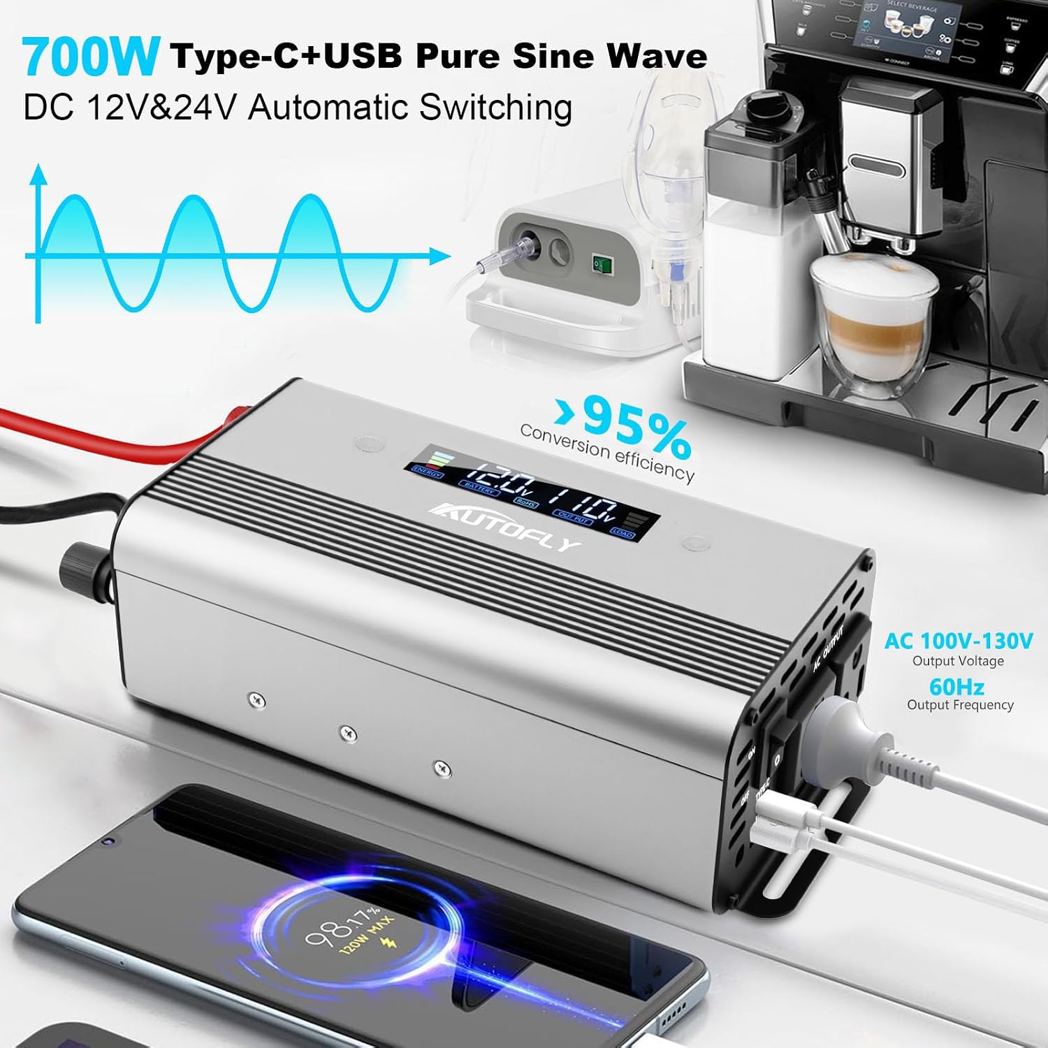 700W Pure Sine Wave Power Inverter DC 12V / 24V to AC 110V(2 Outlets), 1200 Watt Peak Power, Car Charger Plug Inverter Adapter Converter with Type-C & USB Charging Ports LCD Smart Screen