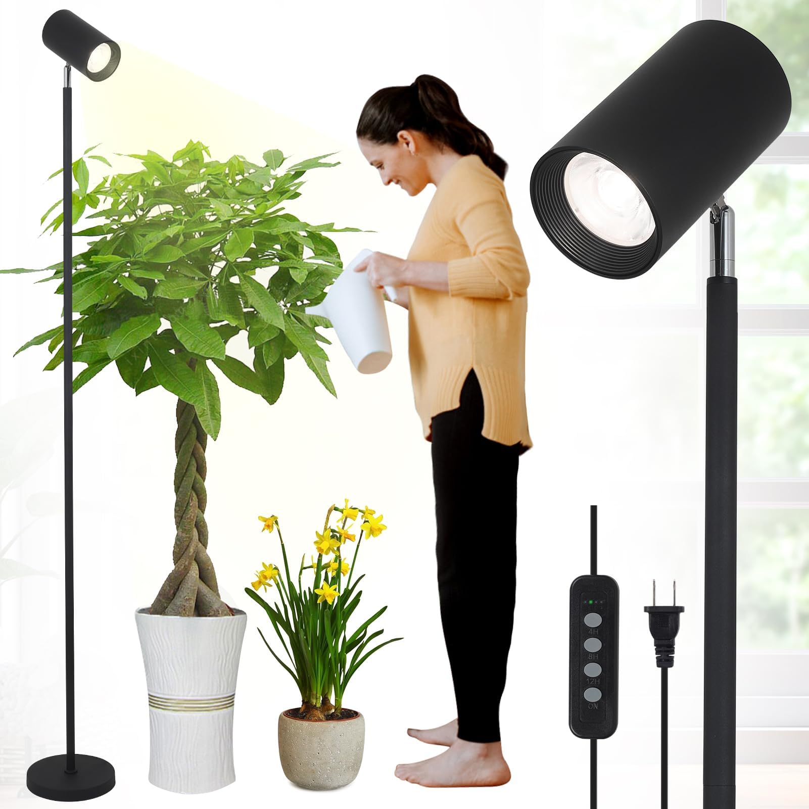 HMVPL 40W Grow Lights Stand for Indoor Plants Full Spectrum, Standing Plant Light for Indoor Growing with COB Plant Light Bulb, 4/8/12H Timer, Tall Growth Floor Lamp for Large Plant (6 Level Height)