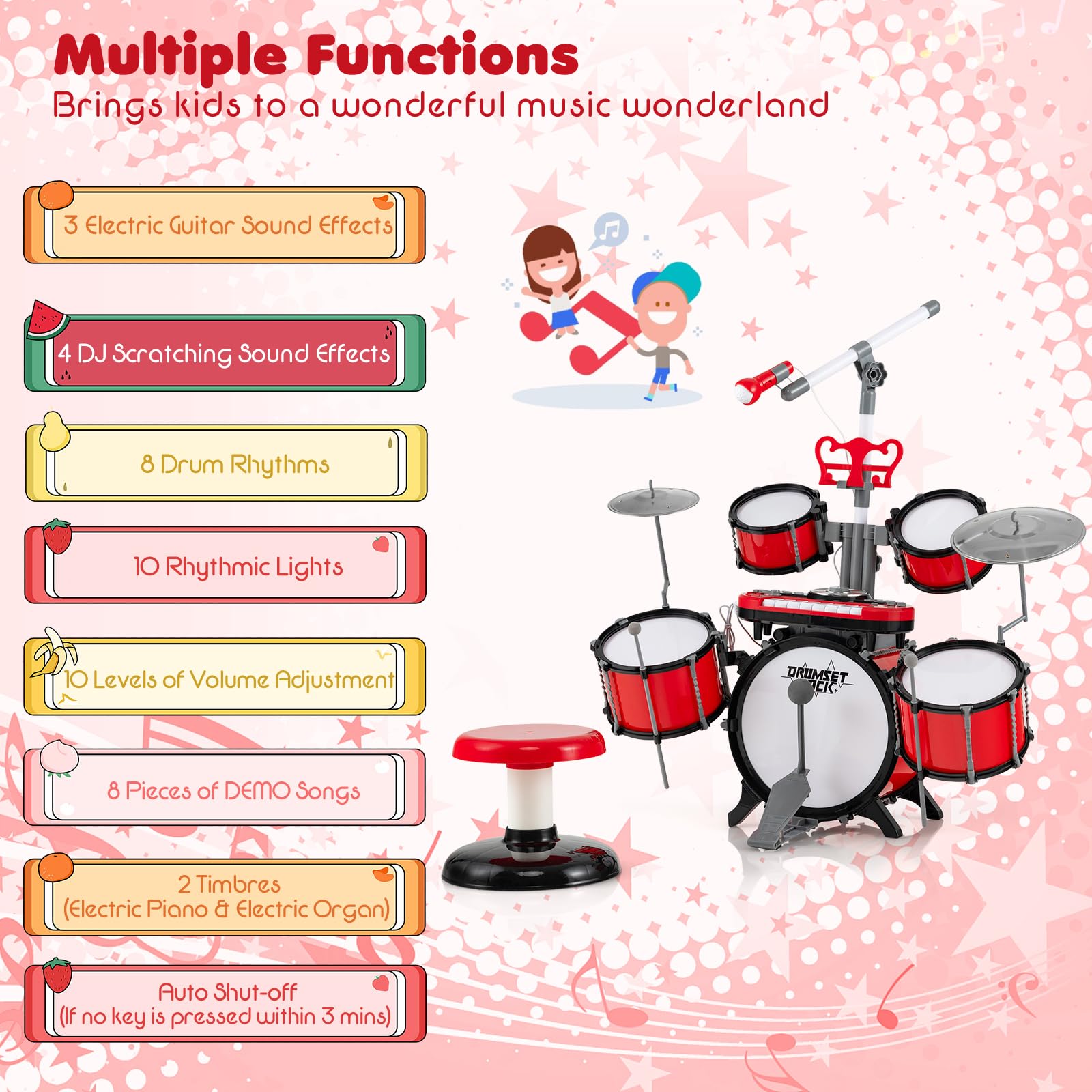 KOMFOTTEU Batterie de Jazz pour Enfant de 3 Ans+, avec Microphone, Ensemble de Batterie avec Tabouret, 5 Tambours, 2 Baguettes, 8 Touches, Connecteur MP3, Instrument Musique pour Enfant