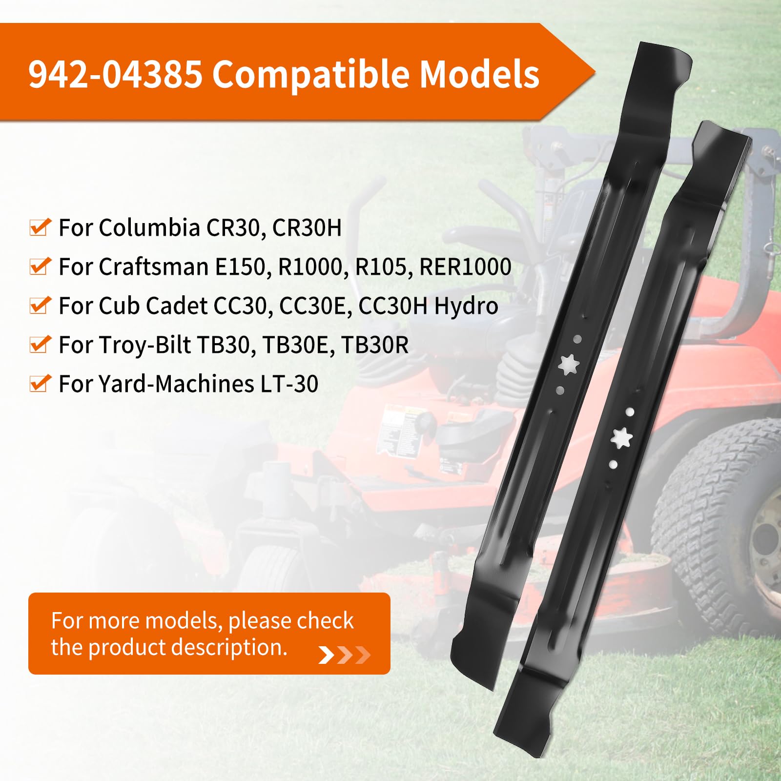 942-04385 Cuchilla de cortacésped para Craftsman Cub Cad et Mini Riders de 76.2 cm, hoja de mantillo 3 en 1 742-04385 compatible con Craftsman R1000, Cub Cad et CC30, Troy Bilt TB30, paquete
