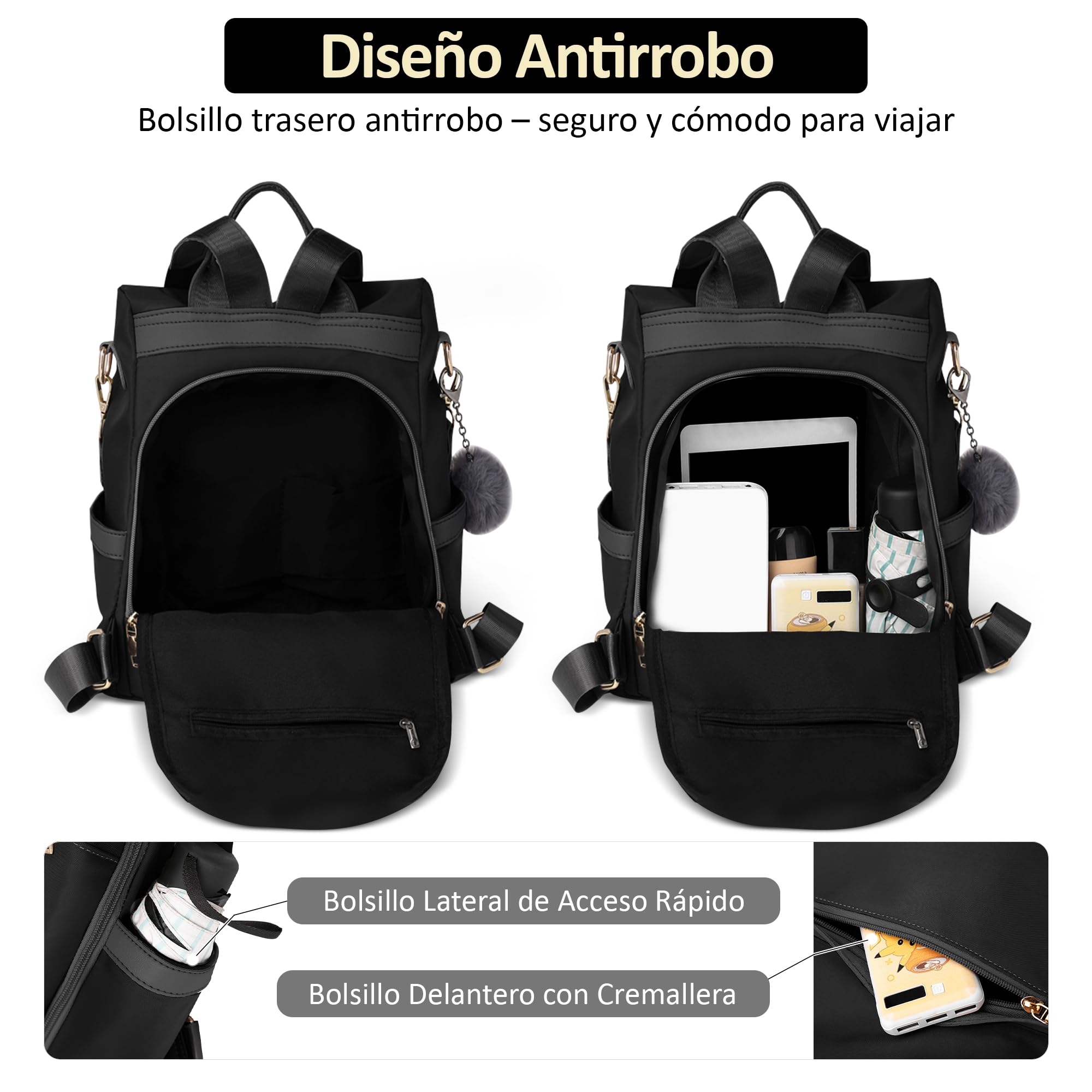 Mochila Mujer Casual Mochila Antirrobo Mujer Bolso Mochila Pequeña Mujer Bolso de Mano Bandoleras Señoras Elegante Bolsos 3 en 1 Impermeable PU Cuero Negro A