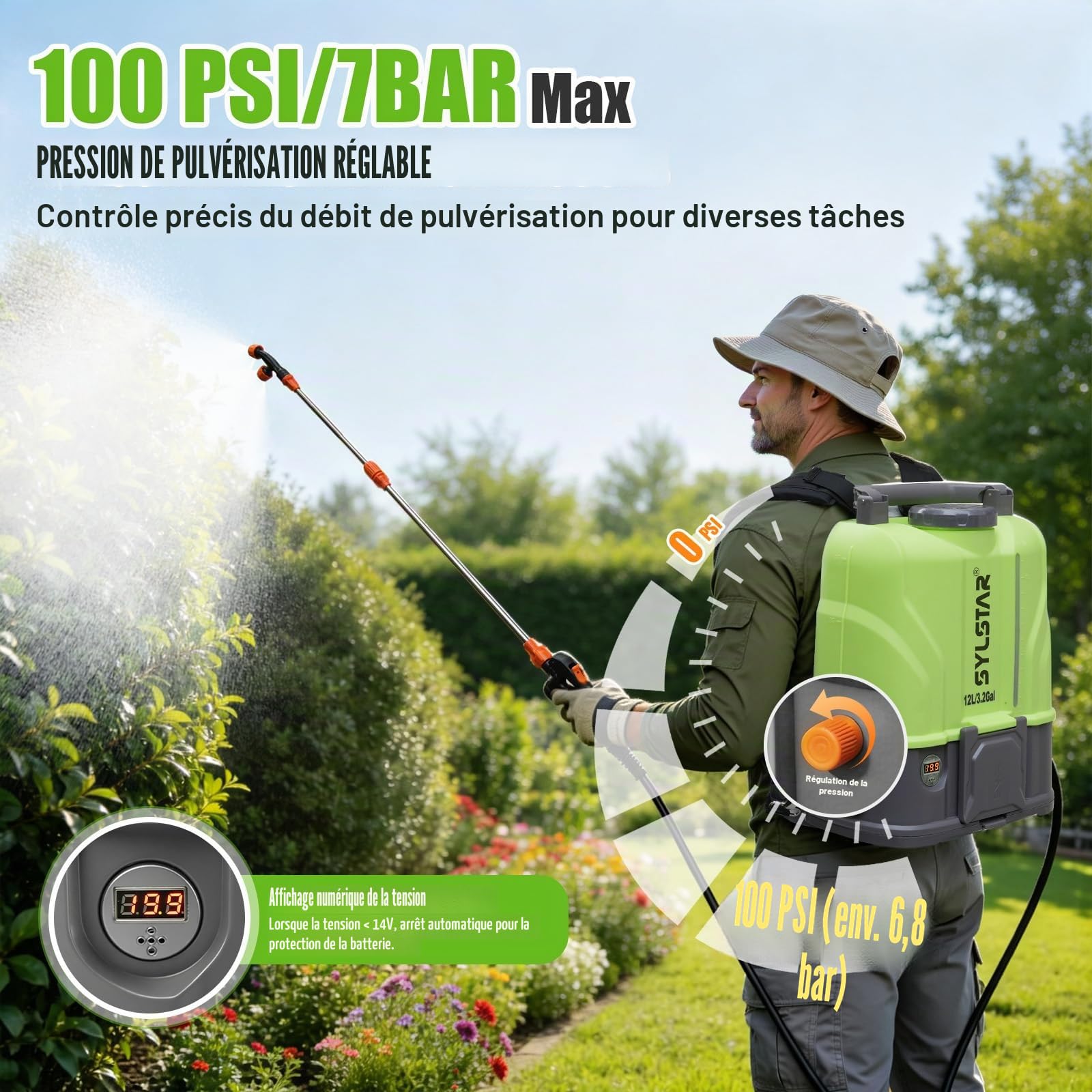 SYLSTAR Pulverisateur Electrique 12L, 7Bar Puissant Pulvérisateur de Jardin Compatible avec DeWalt 18V Batteries, 5 Buses Pulvérisateur à Dos, Vitesse Réglable pour Pelouse Cour(Chargeur Inclus)