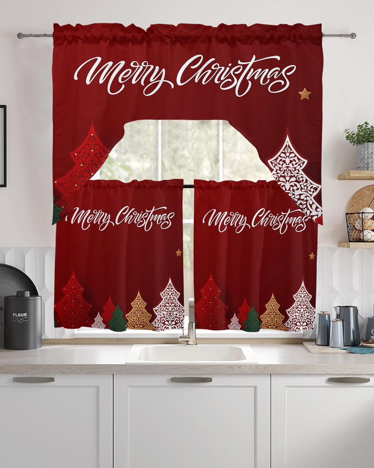 Christmas Swag Kitchen Curtain Sets with Valance, 3 Pieces