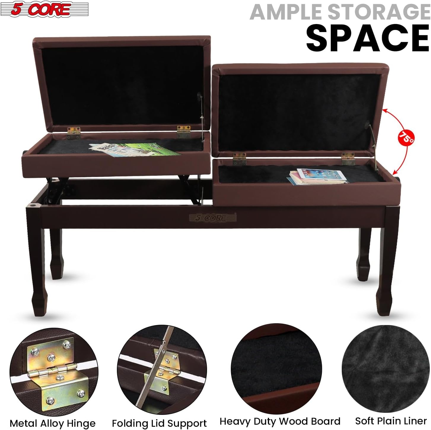 5 CORE Duet Piano Bench 3.5 Inch Padded Cushioned Stool Wooden Heavy Duty Musician Chair Height Adjustable Double Keyboard Seat w Storage Nonslip Brown - PNB DT BR