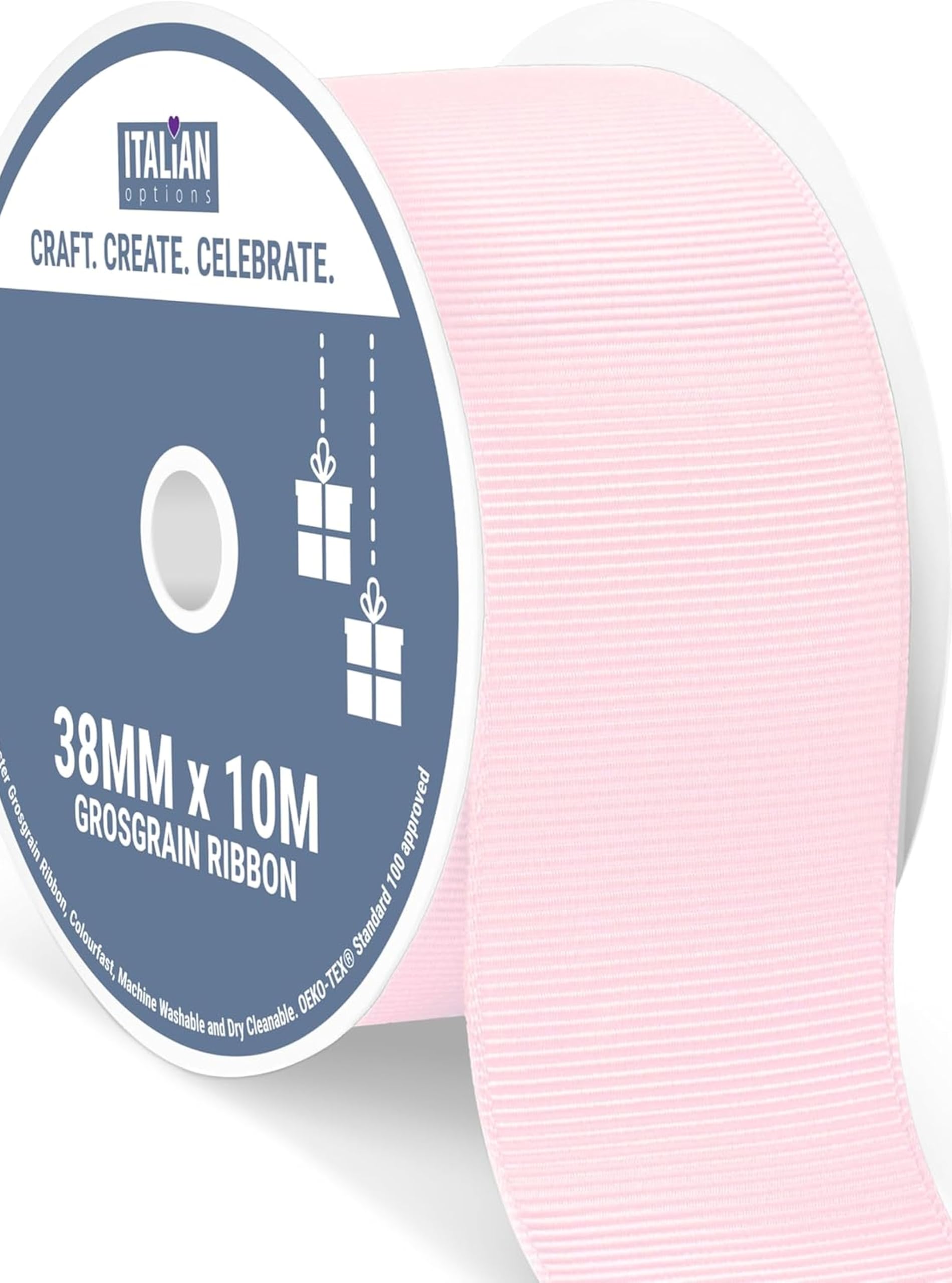 Italian Options Grosgrain Ribbon 38mm, Strong Plain Pale Baby Pink Ribbon for Bows, Wedding, Crafting, Sewing, Hair Accessories, Gift Wrap, 38 mm x 10 Metre Roll, Pale Pink