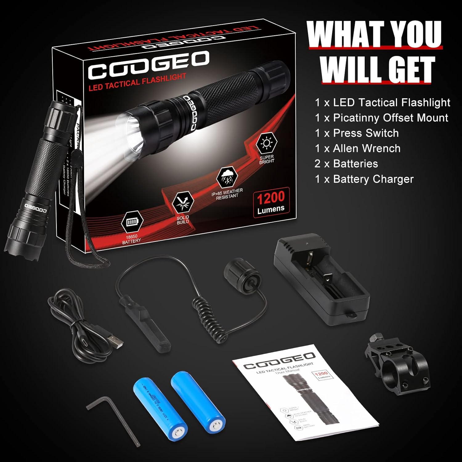 COOGEO Tactical Flashlights 1200 Lumens LED Weapon Light with Picatinny Mount, Super Bright Light Included Rechargeable Batteries Switch for Self Defense, Hunting, Camping, Hiking : Sports & Outdoors