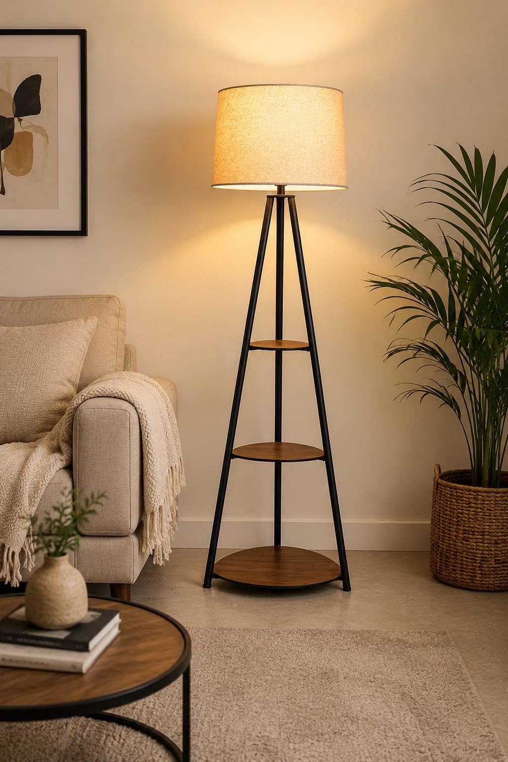 Tripod Floor Lamp with 3-Tier Round Wooden Shelves, Beige Jute Shade | Metal Black Frame, Living Room Decor, Storage Shelves, Standing Lamp, Modern Design-picture-17