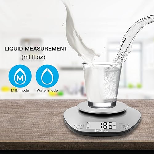 Vista 5 de BAGAIL BASICS Báscula digital de cocina, pantalla transparente grande, báscula de alimentos húmedos y secos con tazón de mezcla de acero inoxidable