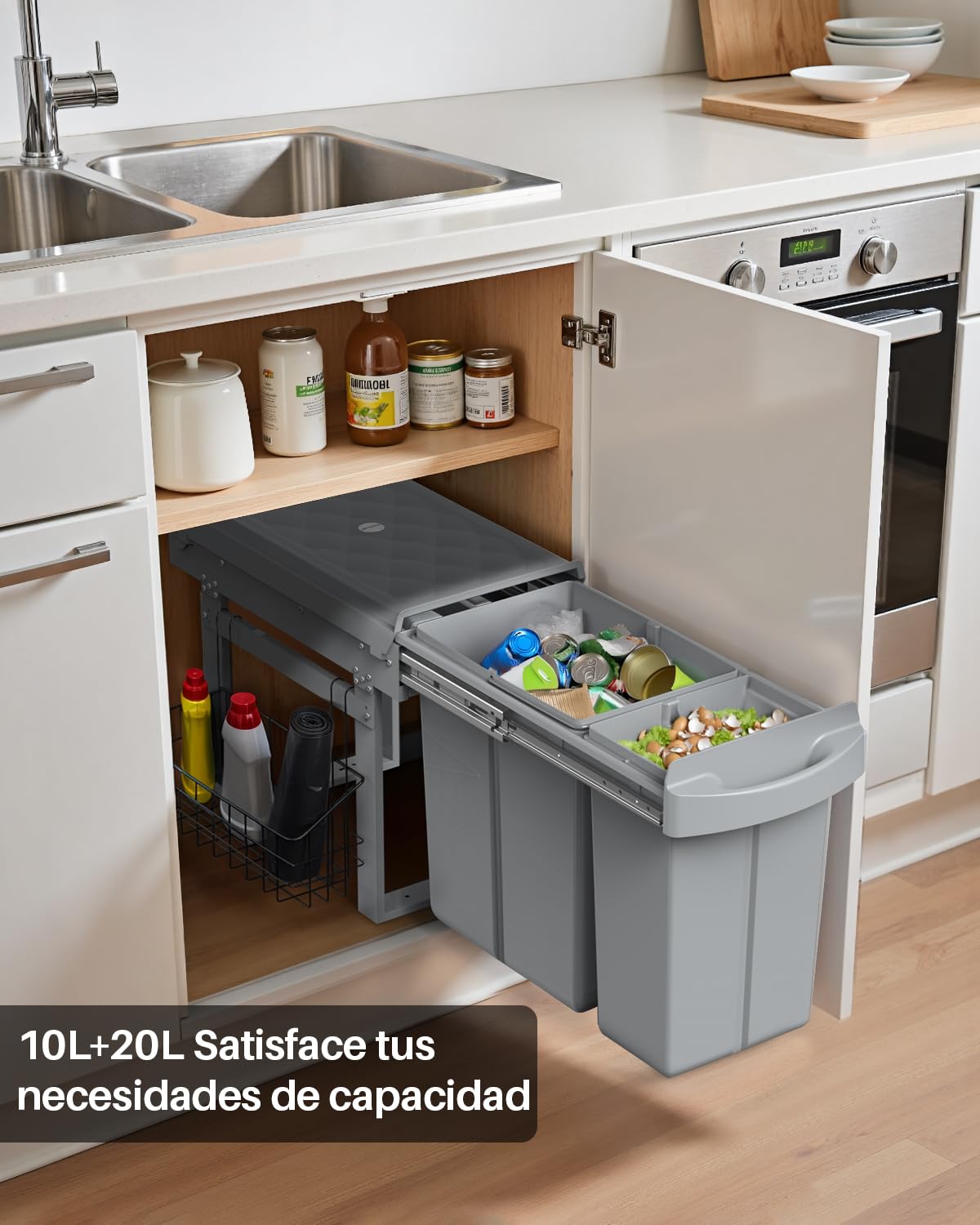 lovewind Cubo Basura Extraíble Bajo Fregadero 10L+20L, Cubo de Basura Cocina con Estructura de Acero y Guías Silenciosas, Cubos de Basura para la Cocina, para Muebles de 30 cm