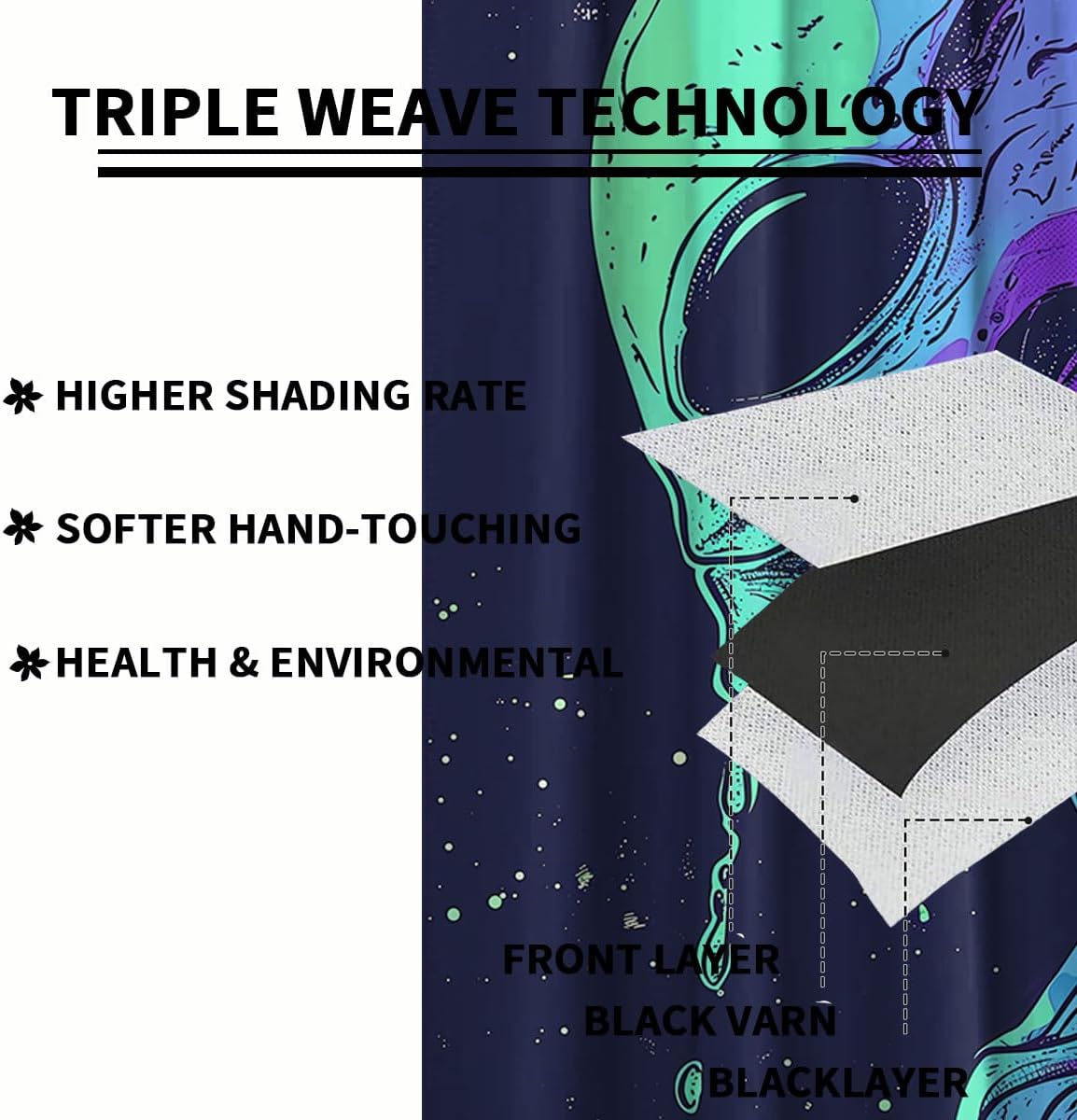 Alien Blackout Curtains for Girls Boy Home Decor, Trippy Hippie Neon Blue Purple Martiansal Grommet Thermal Insulated Drapes Darkening Window Curtain for Bedroom Living Room, 42 x 63 Inch