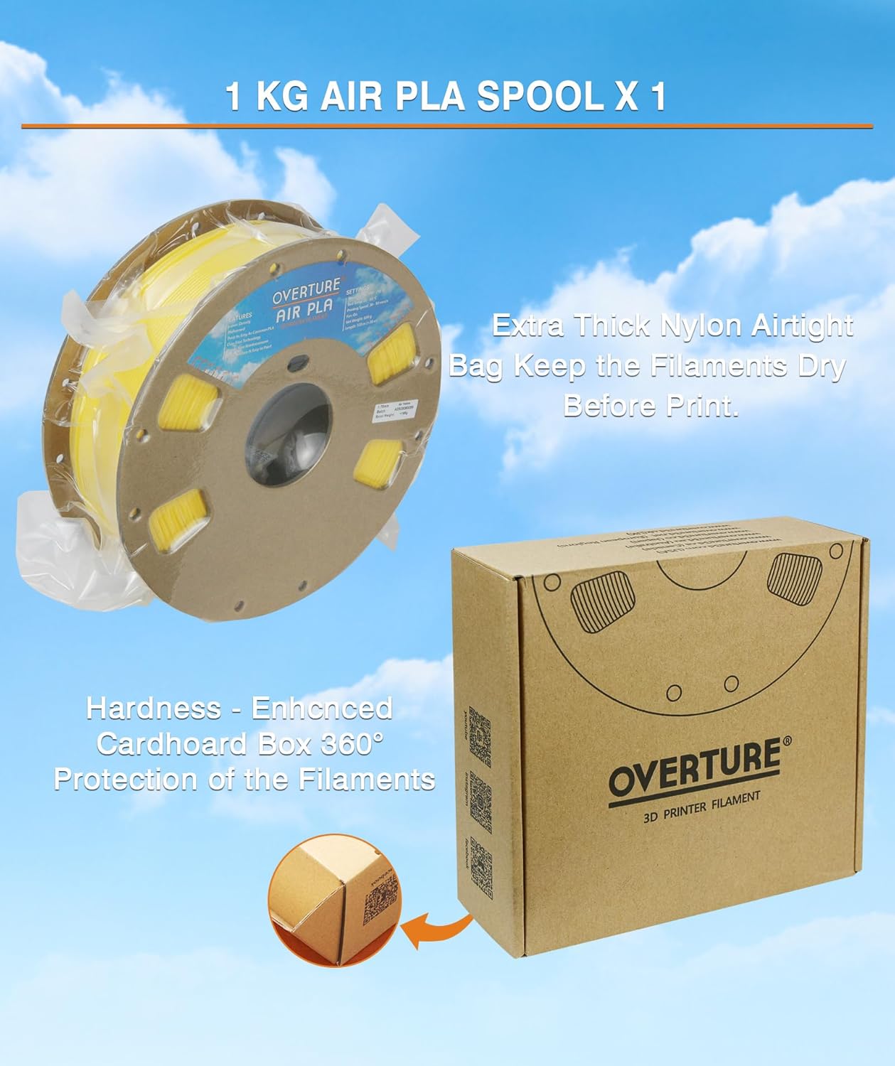 OVERTURE Air PLA Filament, Pre-Foamed PLA Low-Density, Lightweight PLA, Cardboard Spool, 0.82kg(1.8lbs), Dimensional Accuracy +/- 0.02mm (Air Yellow)