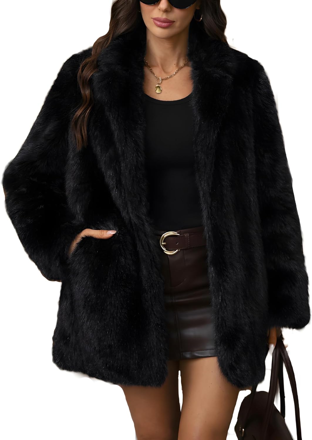 ELLEVEN Women’s Faux Fur Leopard Coat Long Winter Coats, Autumn Notch Lapel Jackets with Pockets