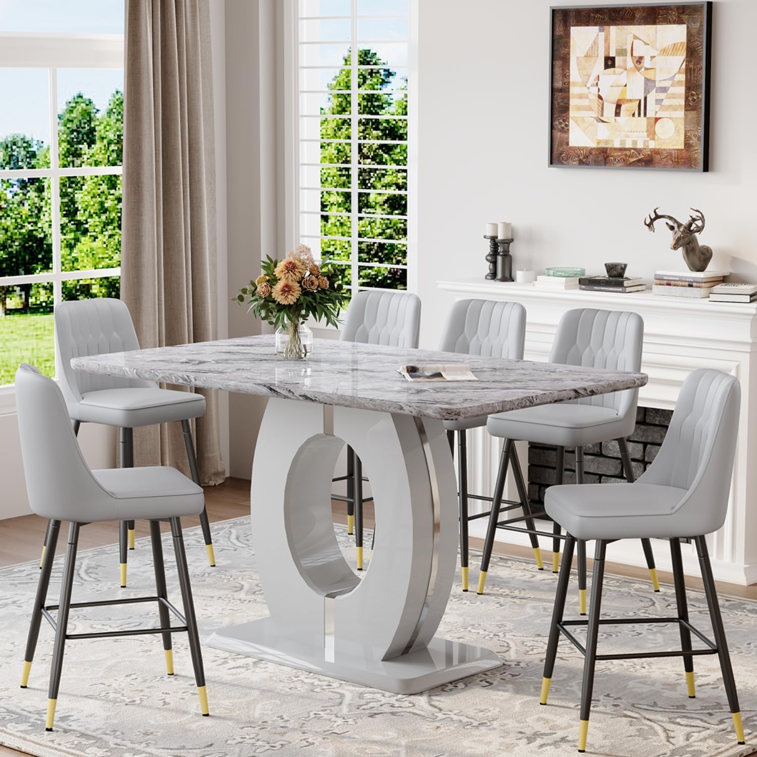 63” Marble Dining Table Set for 6,Modern Counter Height