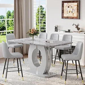 63'' Marble Dining Table Set for 6, Modern Counter Height Dining Table with Leather Bar Stools, Grey