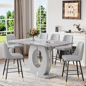 63 Marble Dining Table Set for 6,Modern Counter Height Dining Table Set,Grey High Top Table with Leather Bar Stools,Bar Height Table Set Ideal for Dining,Pub,Kitchen