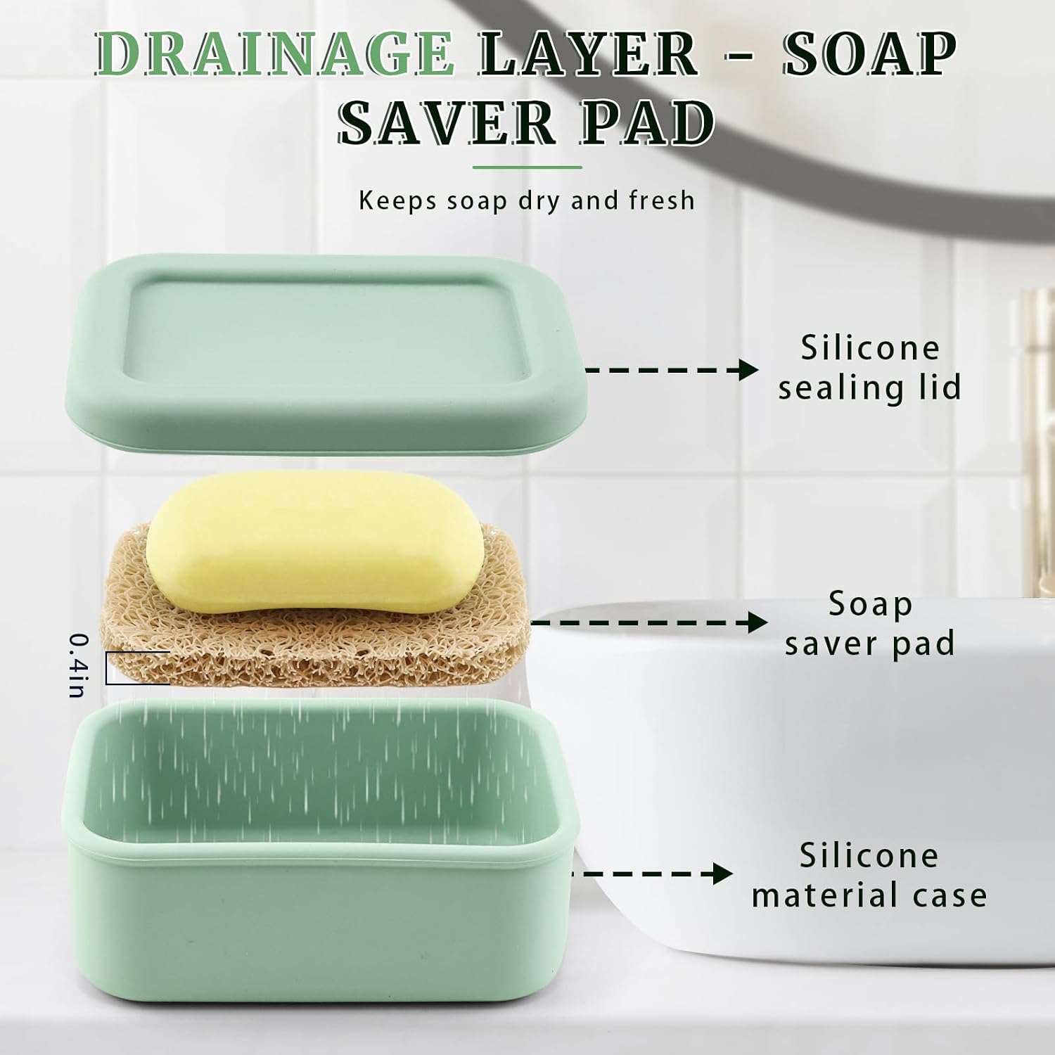 Leak Proof Silicone Travel Soap Case with Enhanced Draining Layer, Shatterproof Soap Holder for Traveling, Camping, Gym, Bar Soap Caddy (Matsuo Green+ Solid Color Cover) image 5