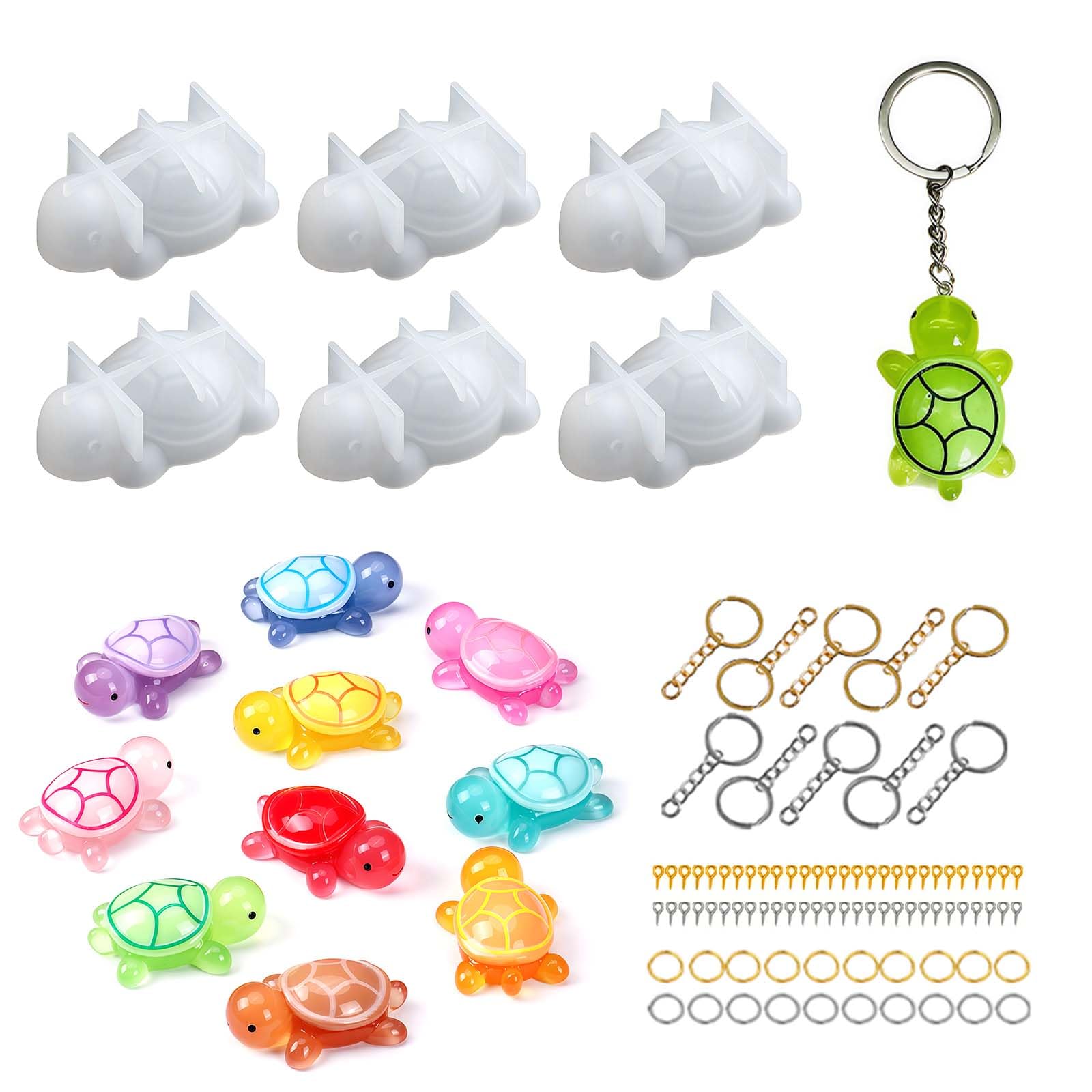 6Pcs Turtle Resin Moulds Silicone Kit with Keyring Accessories, 3D Sea Animal Epoxy Casting Mould for Keyrings, Jewellery Making, Bag Charms & DIY Crafts Supplies