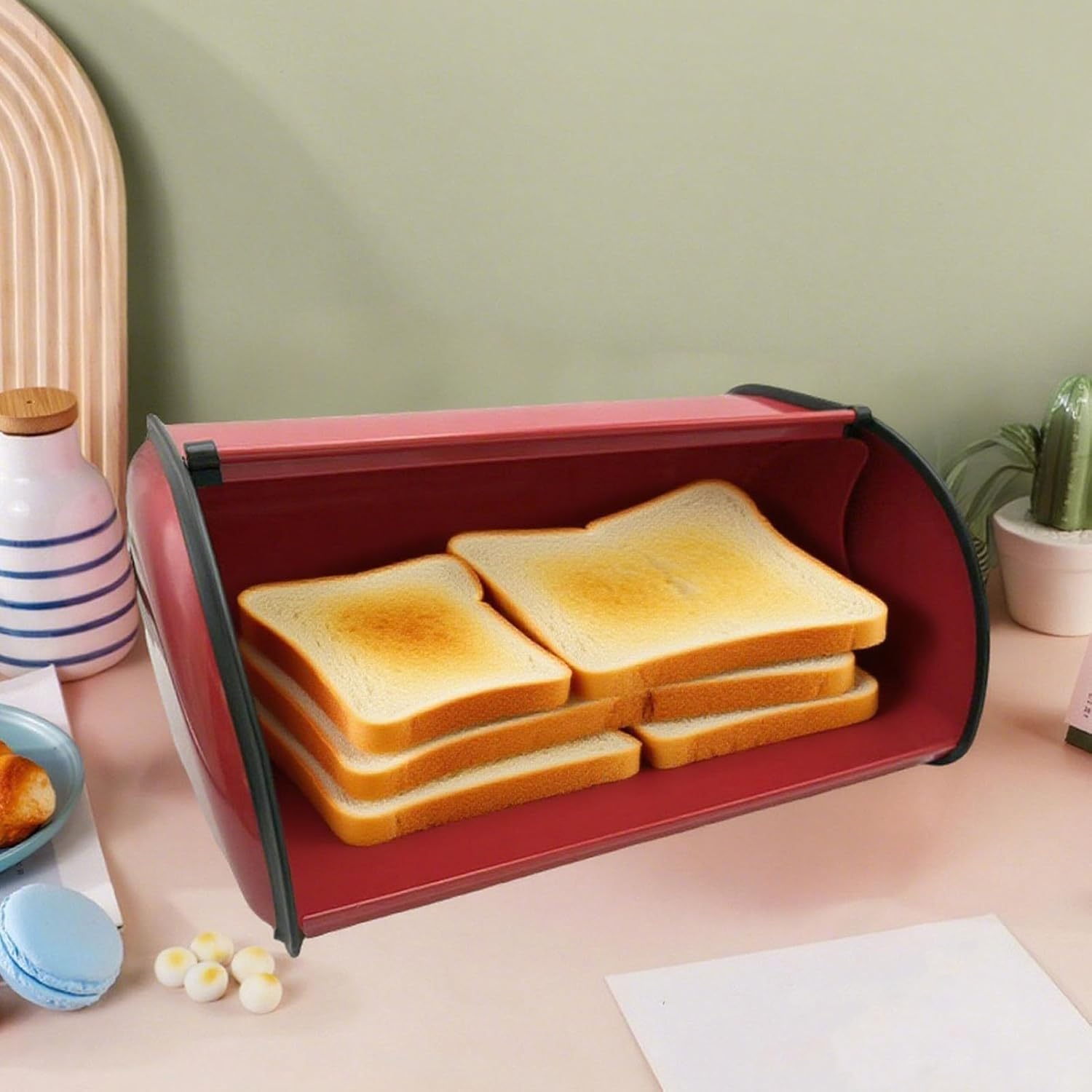 Roll Top Bread Box for Kitchen Countertop, Metal Bread Storage Container with Roll Top Lid, BreadBin Breadbox Organizer for Homemade Rolls, Muffins, Snacks (Red)