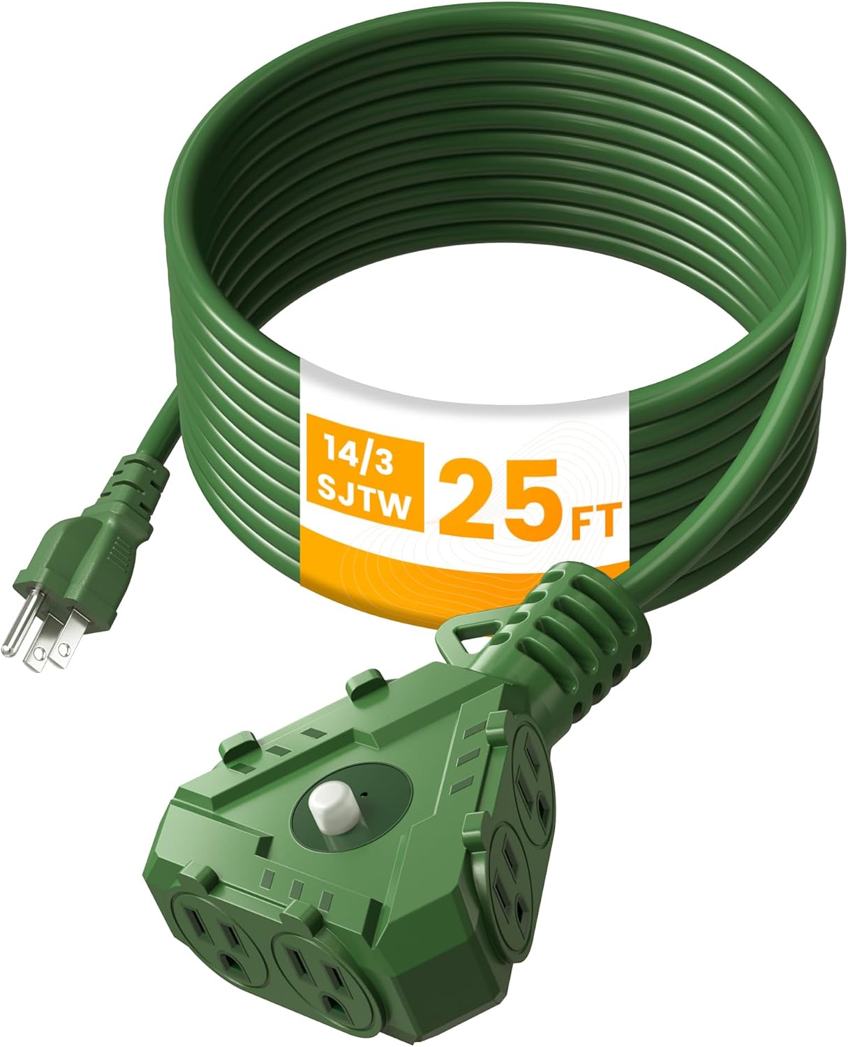 SURAIELEC Outdoor Extension Cord with Multiple Outlets, 6-Outlet Power Hub, 25FT 14/3 SJTW Heavy-Duty Power Cord, 15A Circuit Breaker, ETL Listed, for Garage, Workshop, and Holiday Decorations, Green