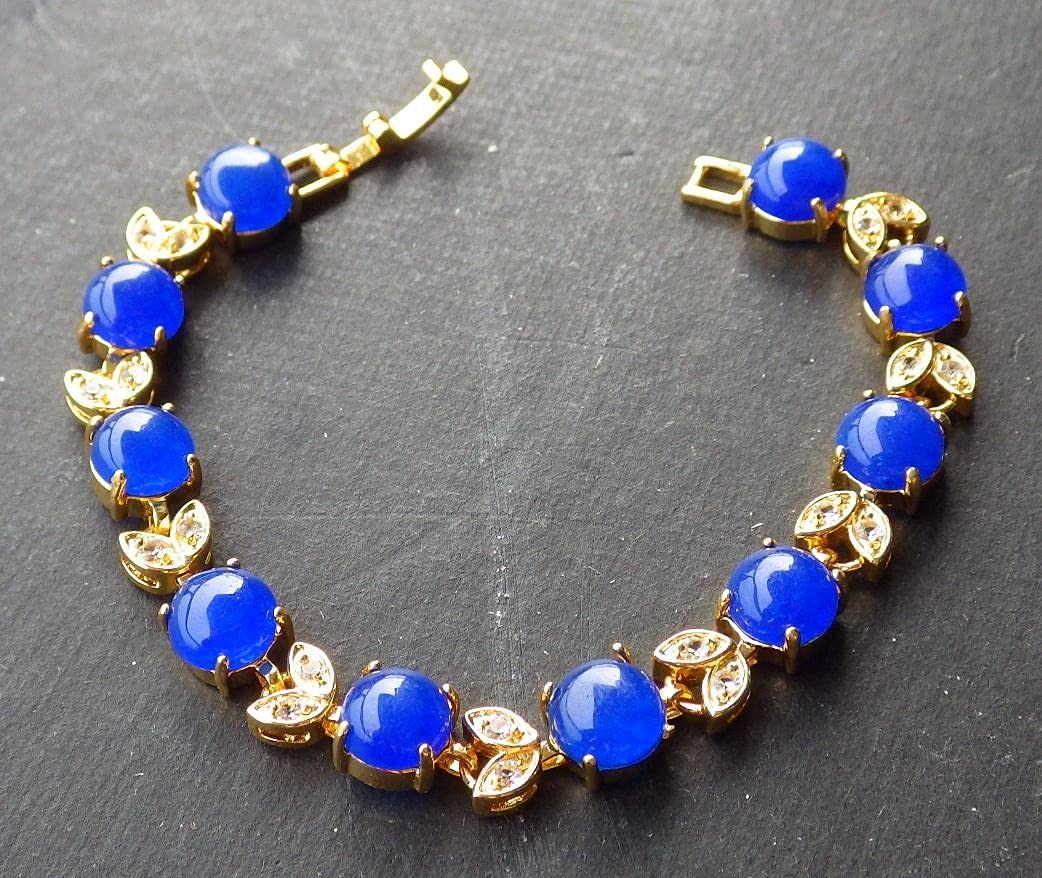 Yellow Gold Plate Blue JADE Circle Bead Bangle Bracelet Diamond 101061