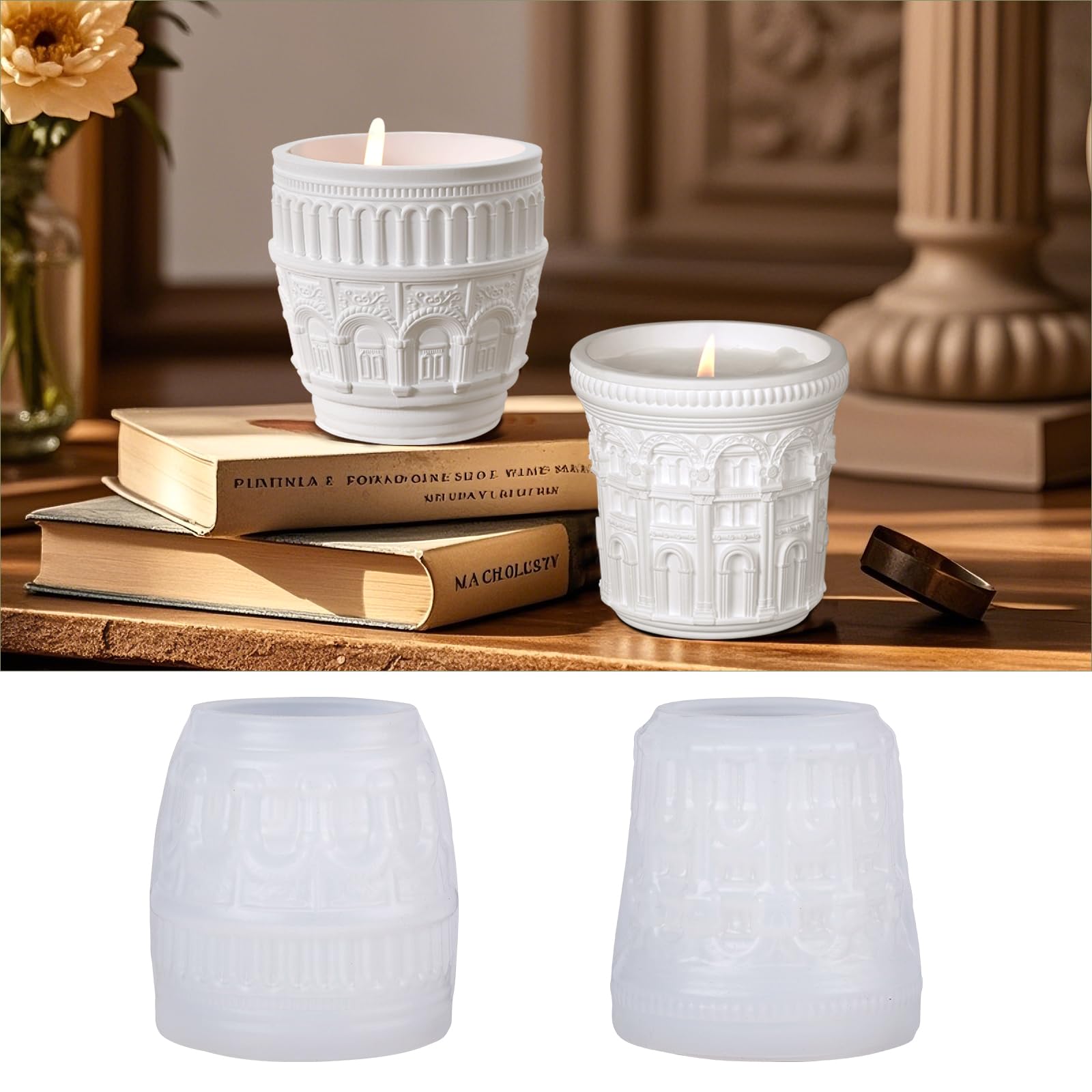 Juego de 2 moldes de silicona para tarros de velas, recipientes de velas de 2 tamaños con tapas, moldes de contenedor de portavelas, moldes redondos para hacer moldes redondos para hacer yeso