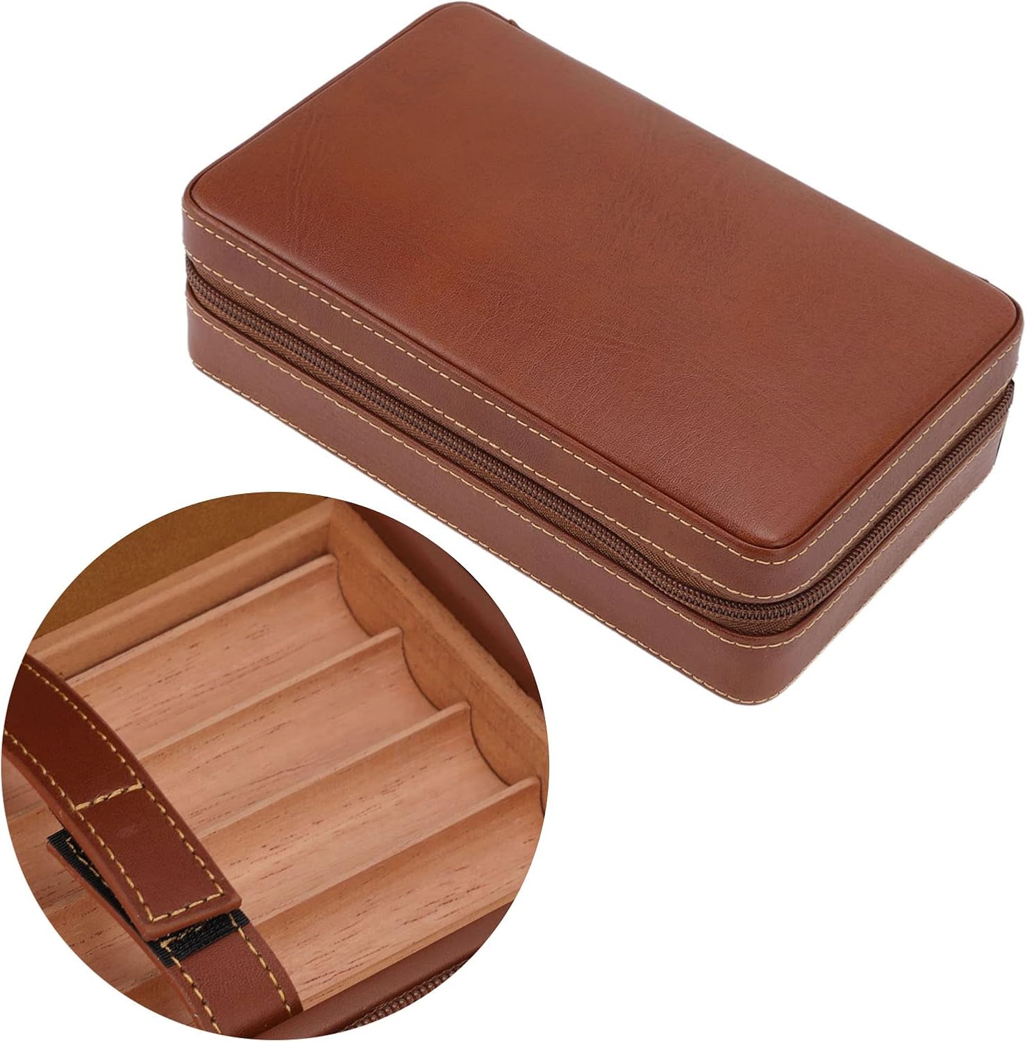 ANGGREK Leather Cigar Case Cedar Wood Lining Portable Brown Manual Sewing Cigar Case with Storage Bag for Travel