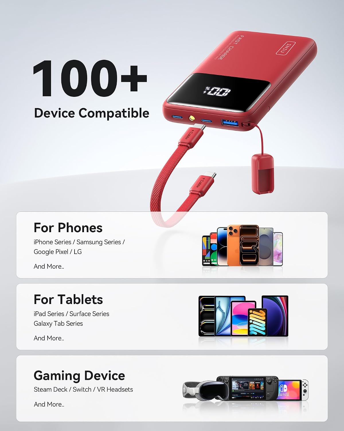  Power Bank, Compact 10000mAh 45W PD Fast Charging Portable Charger | Detachable USB-C Cable, Stand, Flight-Safe, Travel, Flashlight, Battery Pack for iPhone 17 16, Samsung S26, iPad etc, Red thumbnail