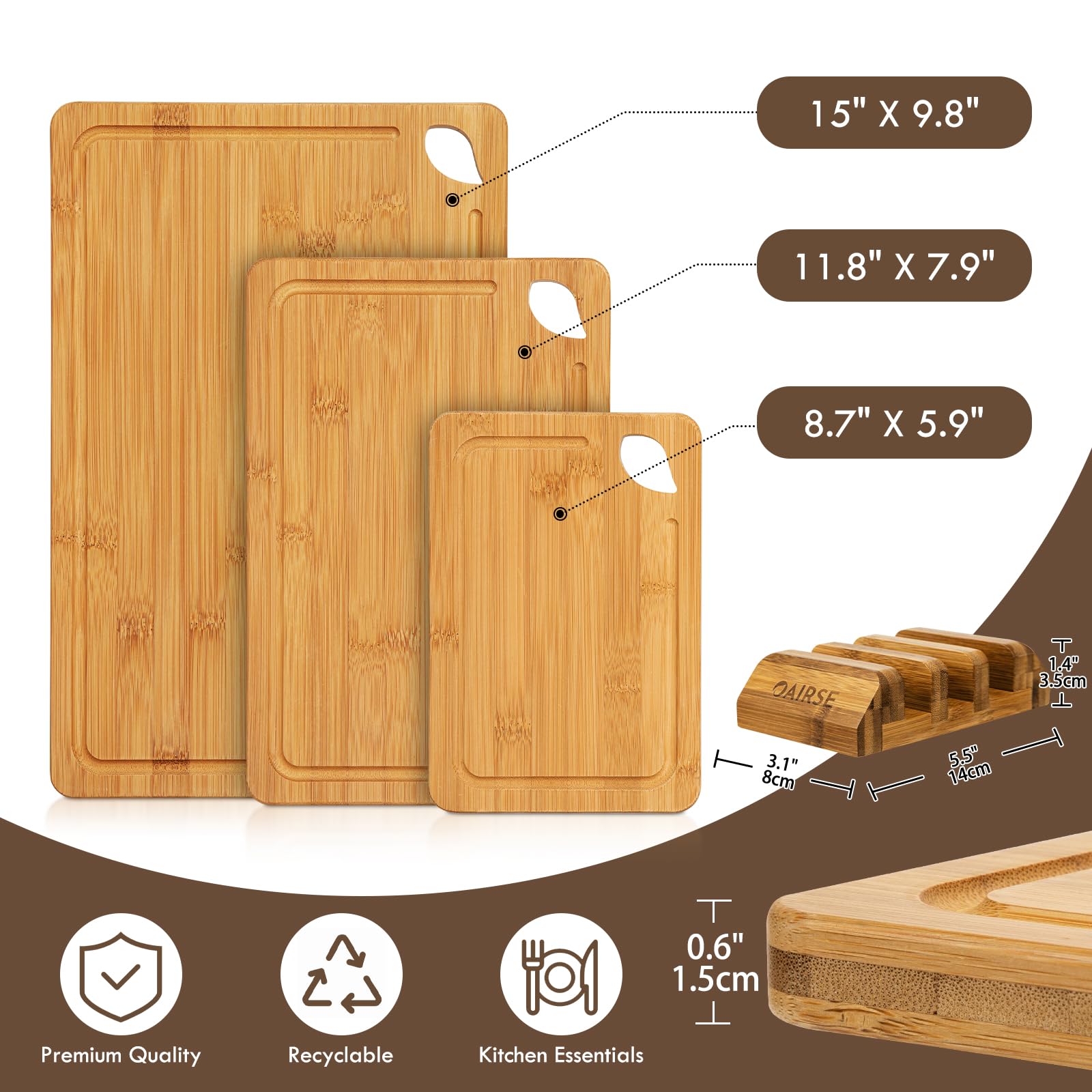 Tabla de cortar de bambú para cocina, 3 paquetes de tablas de cortar grandes con ranuras para jugo y soporte, juego de tablas de cortar de cocina con soporte, tabla de cortar de bambú para carne