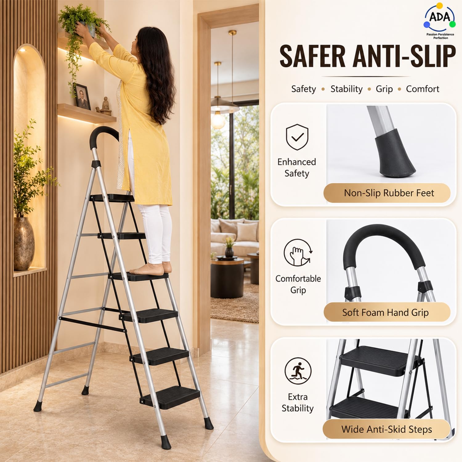 ADA Premium 6 Step Ladder - Heavy Duty & Foldable -7