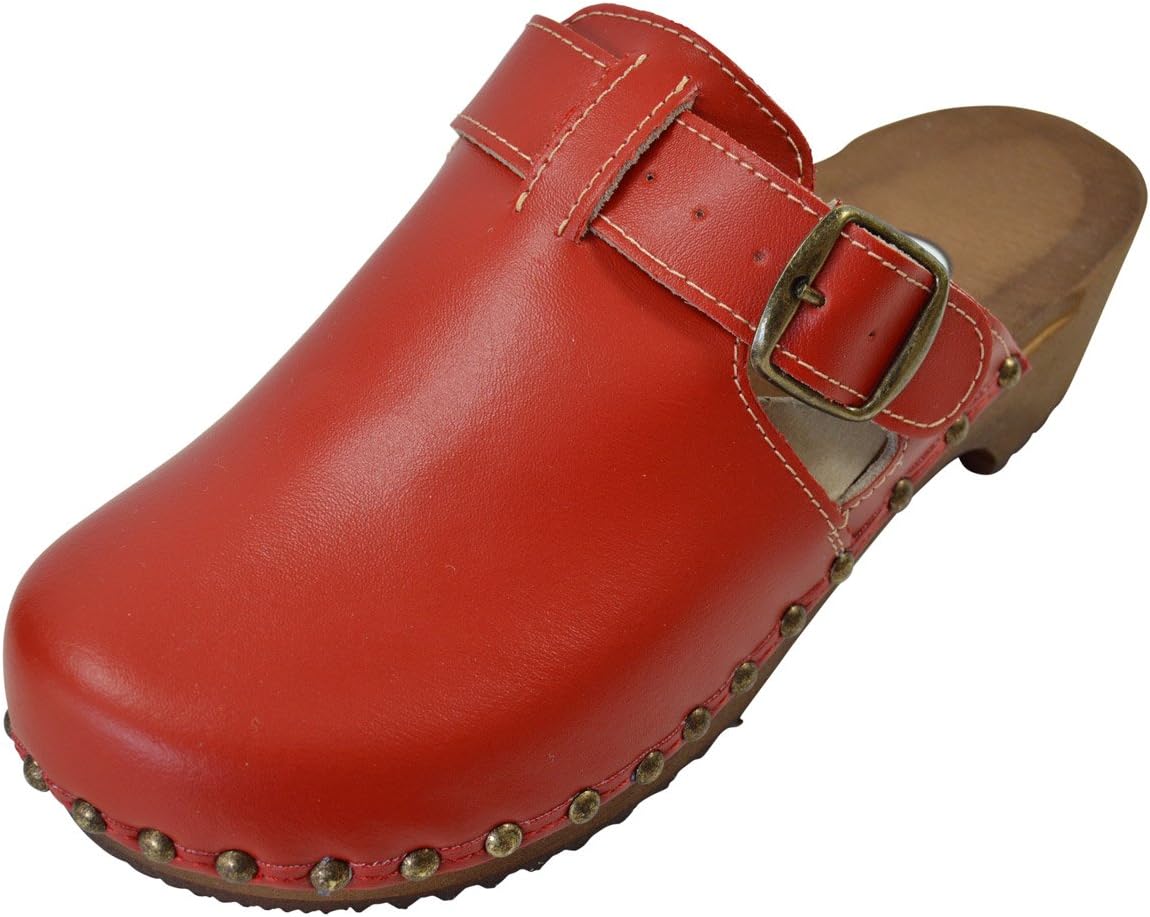 Ladies Leather/Wooden Clogs with Stud and Buckle Design