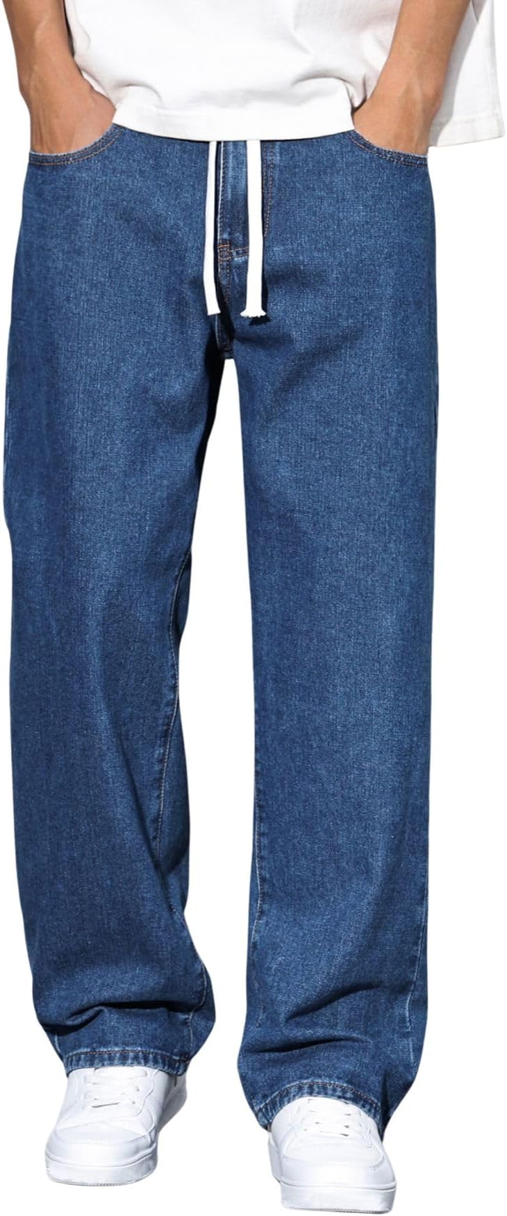 Men's Baggy Jeans Vintage Drawstring Waist Loose Fit Wide Leg Denim Pants