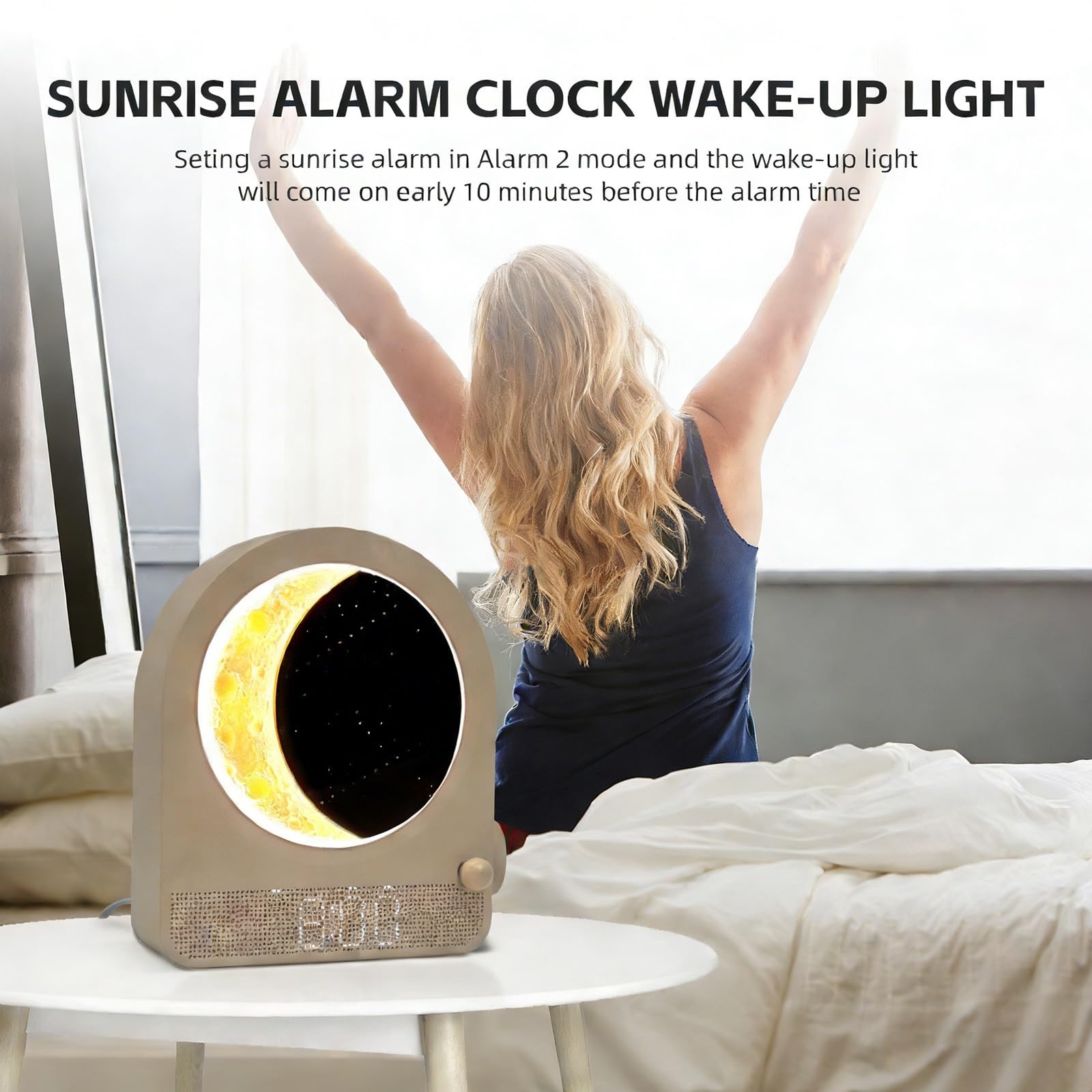 Despertador con Luz De Amanecer, Simulación Suave Del Amanecer y Atenuación Del Atardecer, 8 Sonidos Naturales De Ruido Blanco, Función De Repetición para Relajarse(Wood grain)