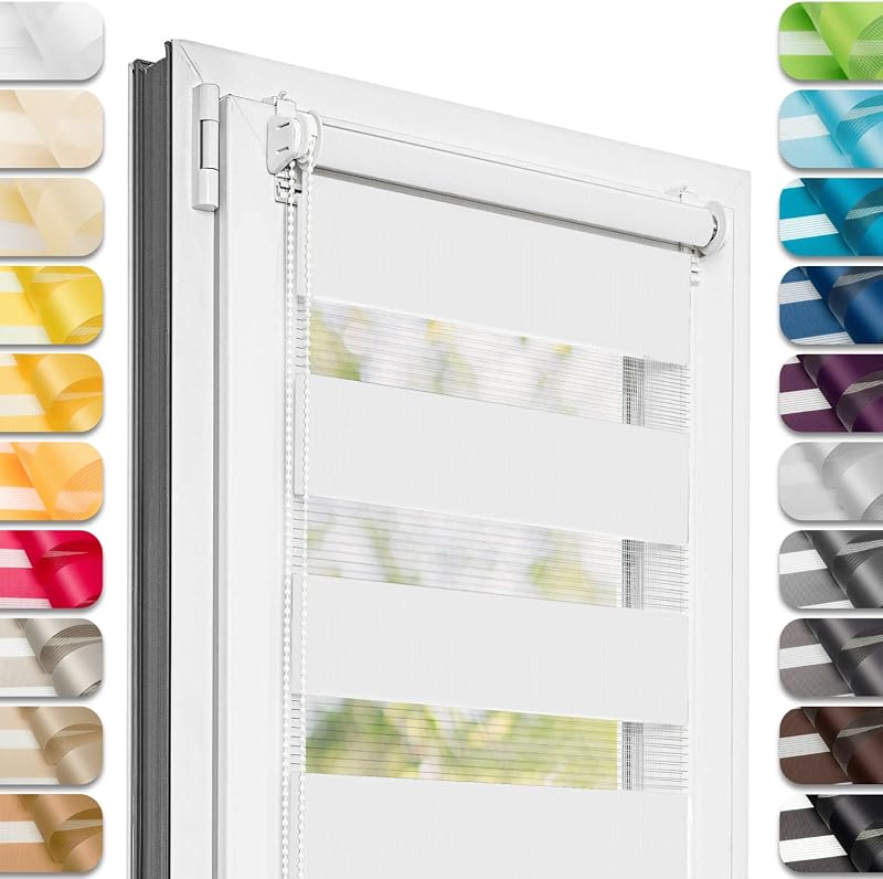 Estika Day and Night Blind, No Drilling Required, 70 cm x 120 cm, White, 27 Colours of Fabric, Duo Roller Blind, Day and Night, for Windows without Drilling