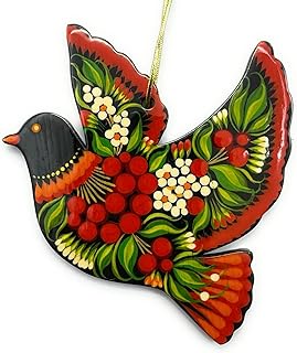 Ukrainian Pigeon Christmas Ornament Wooden Dove Hand Painted on Both Sides 3.5 x 3.5 x 0.2 in. Traditional Painting Petrykivka with Red Viburnum, Hanging Bird Home Decorations and Gifts from Ukraine