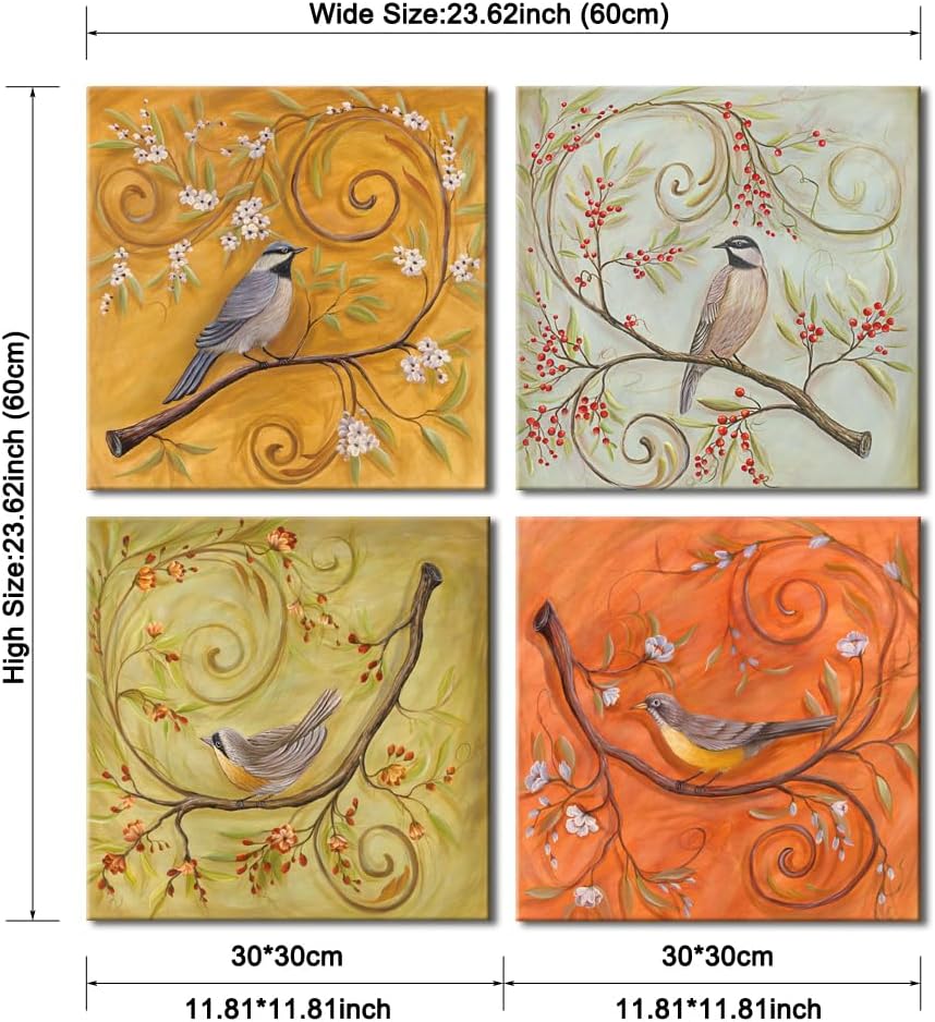 Pyradecor 4 Birds on Blooming Trees Animal Floral Canvas Prints Oil Paintings Style Landscape Artwork on Canvas Wall Art for Bedroom Living Room Home Decorations