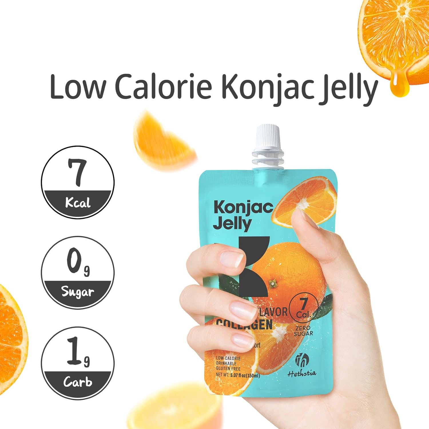 Hethstia Orange Konjac Jelly with Collagen Peptides, 10 Pouches Fruit Jelly Snacks, Low-Calorie Drinkable Jelly with Vitamin C, Sugar-Free, Keto, Gluten-Free, On-the-Go Light Snacks