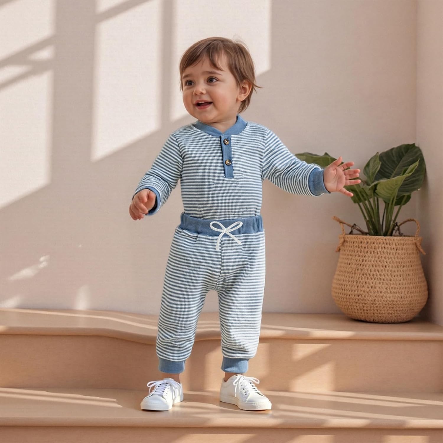 allshope Newborn Baby Boy Fall Outfit Romper Long Sleeve Solid Jumpsuit Bodysuit Elastic Waist Pants Infant Waffle Clothes - Image 5