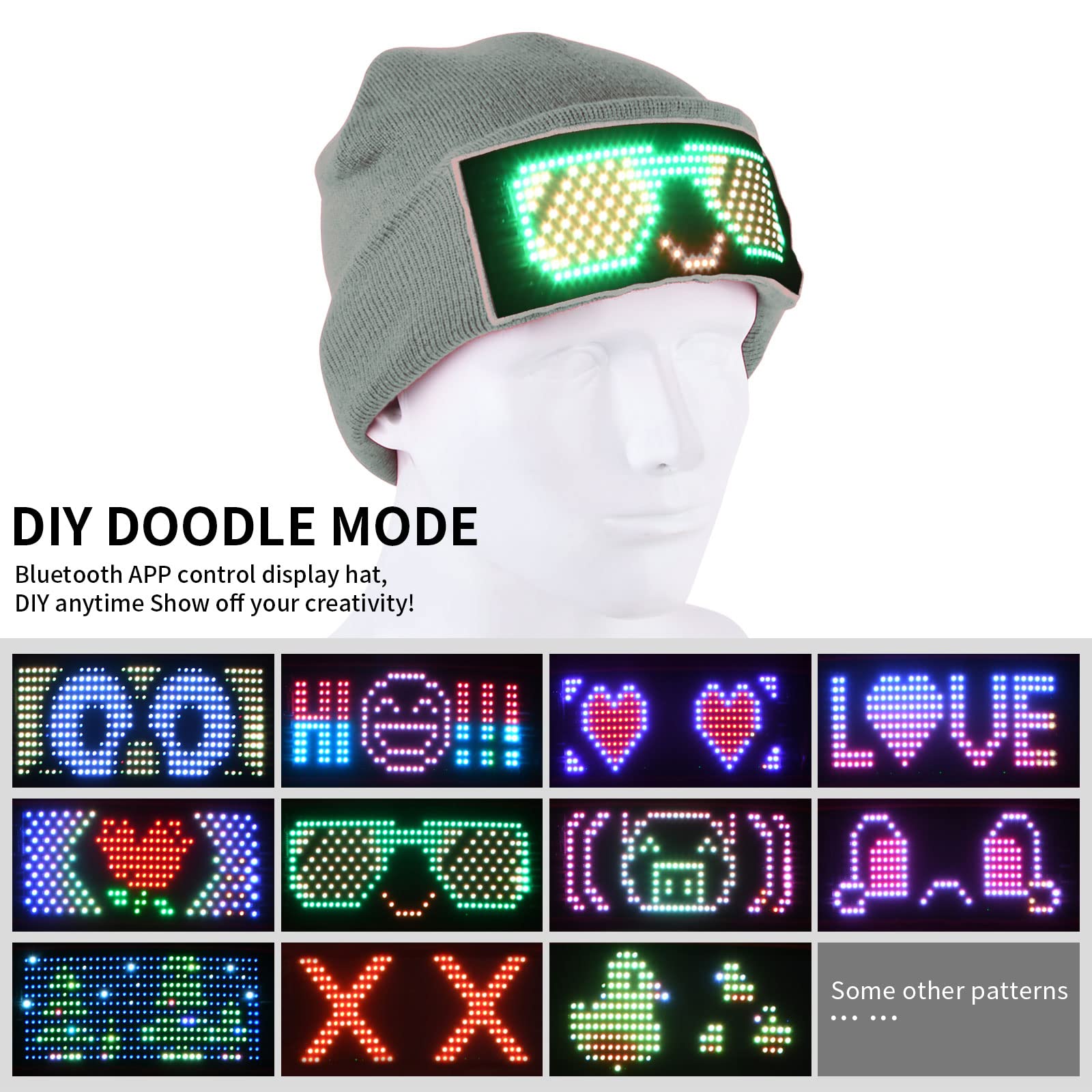 AF-WAN LED-Display Hut beleuchtete Beanie Mütze Bluetooth APP programmierbar Smart Cap (Text, Musik, Bild, Zeichnung) Party Weihnachten (schwarz)