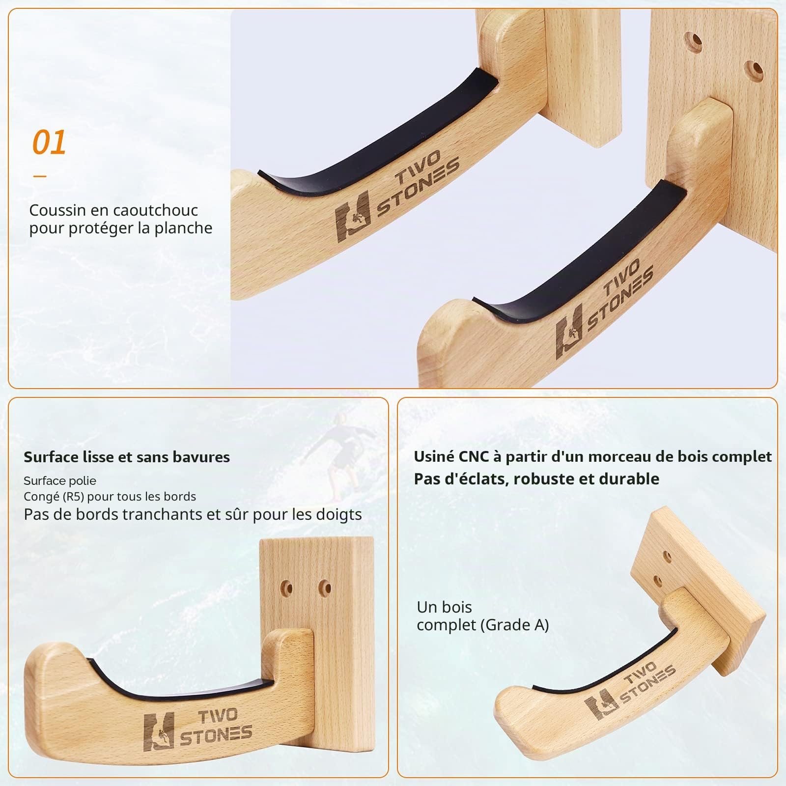 Two Stones support Planche de Surf pour Le Mur, Fonctionne comme Support de shortboard, Skimboard et Longboard ou Intérieur ou Extérieur