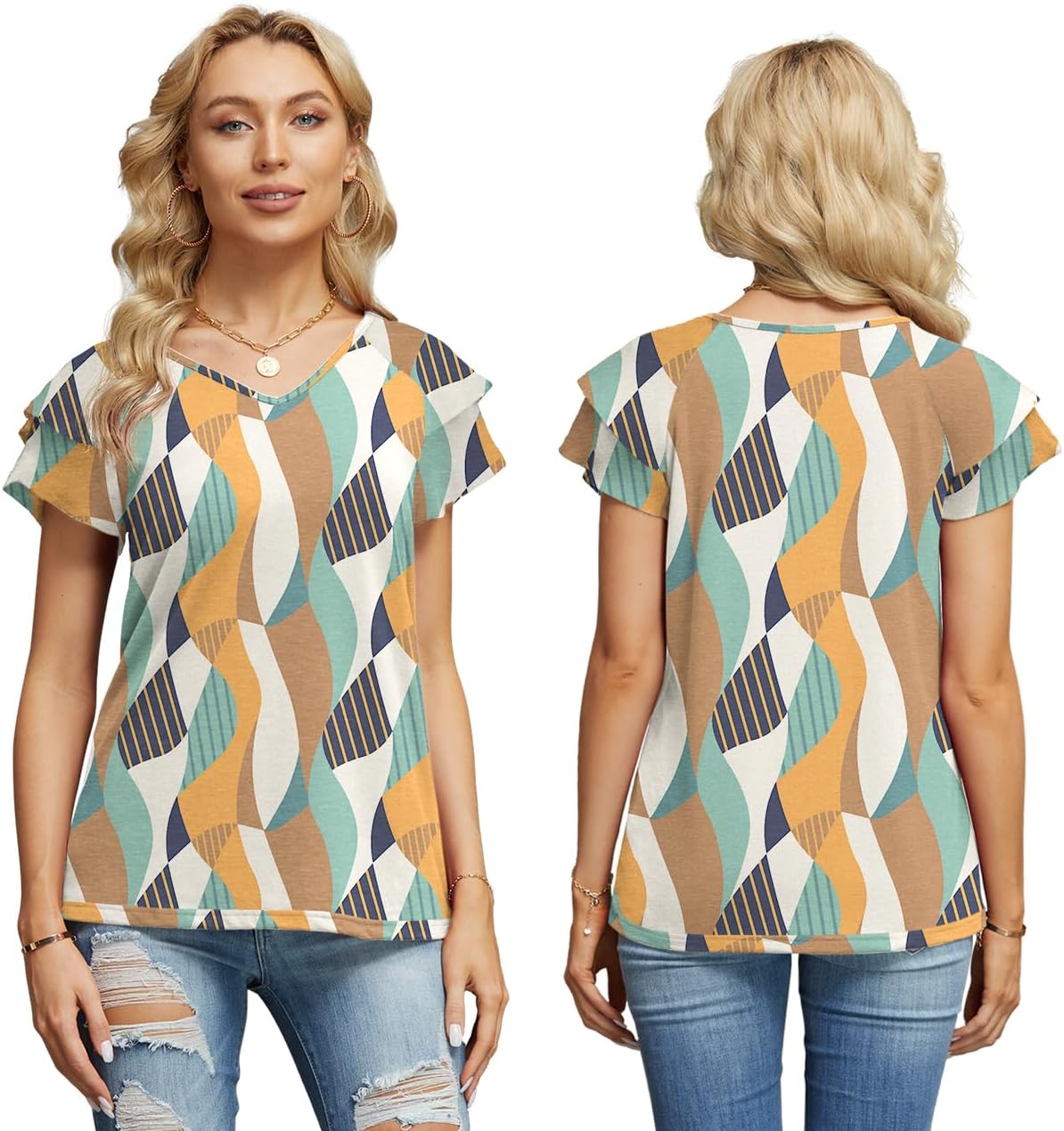 Womens Summer Tops Ruffle Sleeve with Lace Short Sleeve V Neck Shirts Casual Loose Fit T-shirts - Image 3