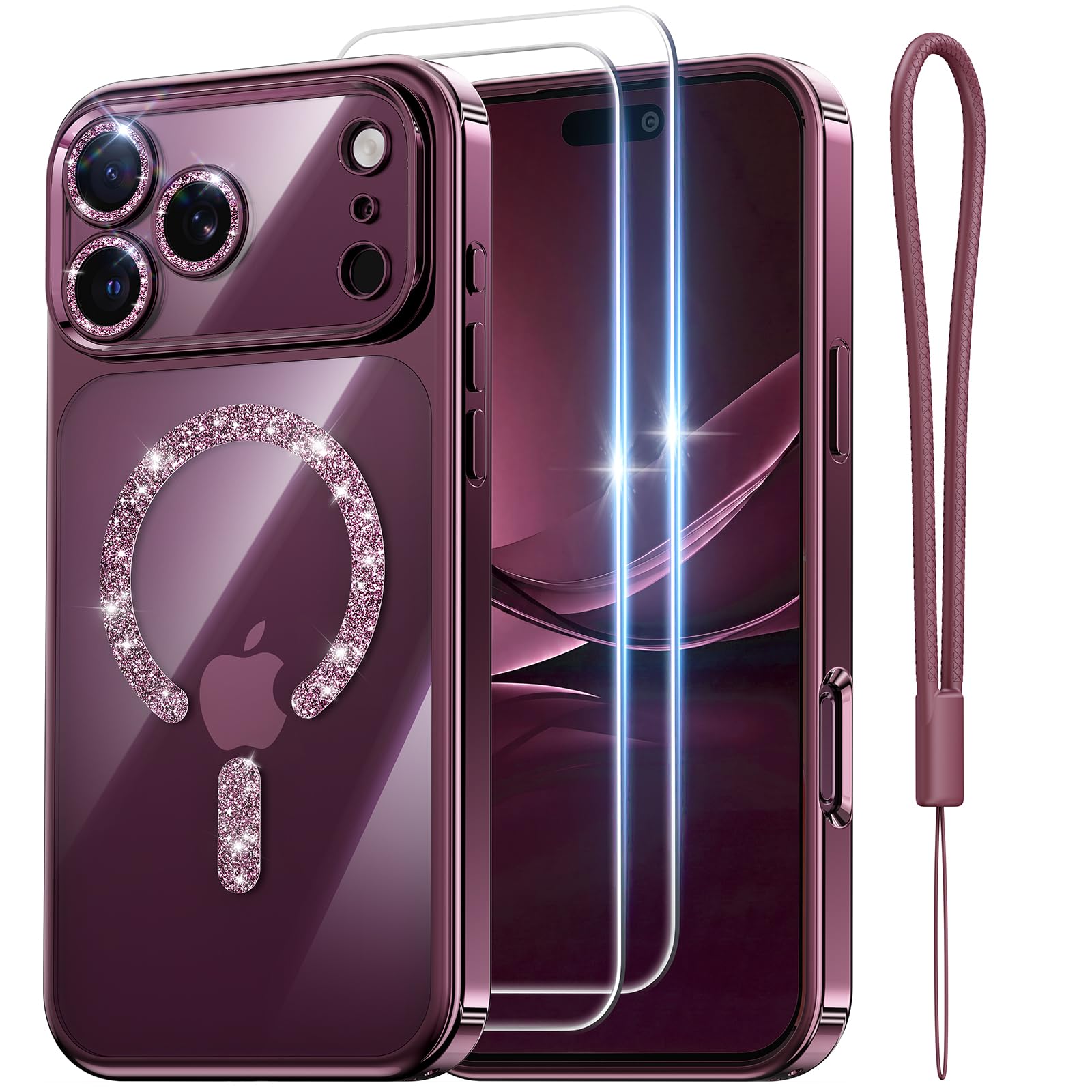 Meifigno for iPhone 18 Pro Max Case with Glitter Magnetic Ring, Burgundy