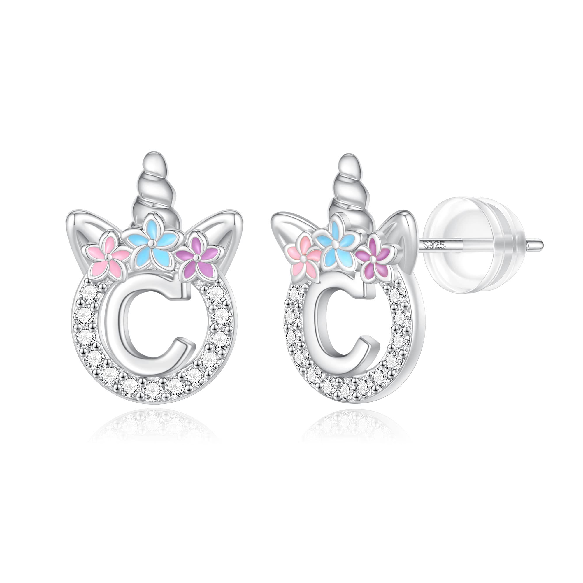 Unicorn Earrings Gifts for Girls - 925 Sterling Silver Stud Earrings Hypoallergenic Initial Unicorn Earring for Girls Kids Jewelry CZ Birthday Gifts