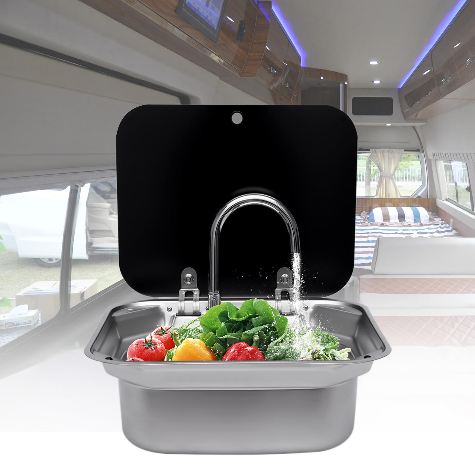 Ageanbri RV Sink, RV Bathroom Kitchen Sink with Folding Faucet &Lid, Stainless Steel Sink Hand Wash Basin Boat Sink Caravan Van Sink for Small Outdoor RV Kitchen Sink Trailer Camper, 16.7*14.7*5.9"