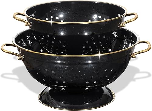 Metal Colander Set of 2, Strainer Basket with Handles perfect for Spaghetti, Pasta, Berry, Vegetable, Fruit, Solid Base Powder Coated Self-draining