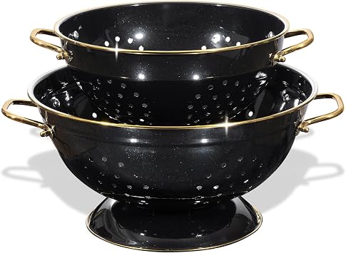 Metal Colander 2 Pack, 3.5 Quart Powder Coated Self-draining Solid Ring Base Metal Large Kitchen Pasta Vegetable Fruit Strainer with Handle L-BLACK