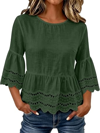 Hvyesh Linen Tops for Women Ruffled 3/4 Sleeve Shirts