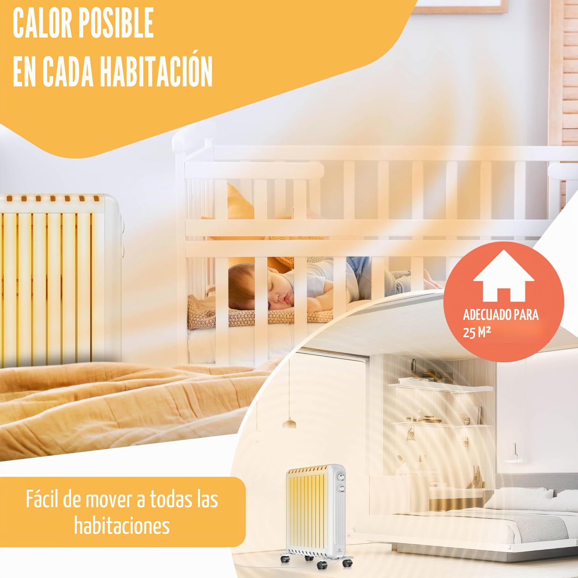 KESSER® Radiador de aceite de bajo consumo 2500W | Termostato, ventilador de calentamiento rápido | Calefacción eléctrica rellena de aceite + 3 niveles de calor, carcasa de protección, ruedas 360° |