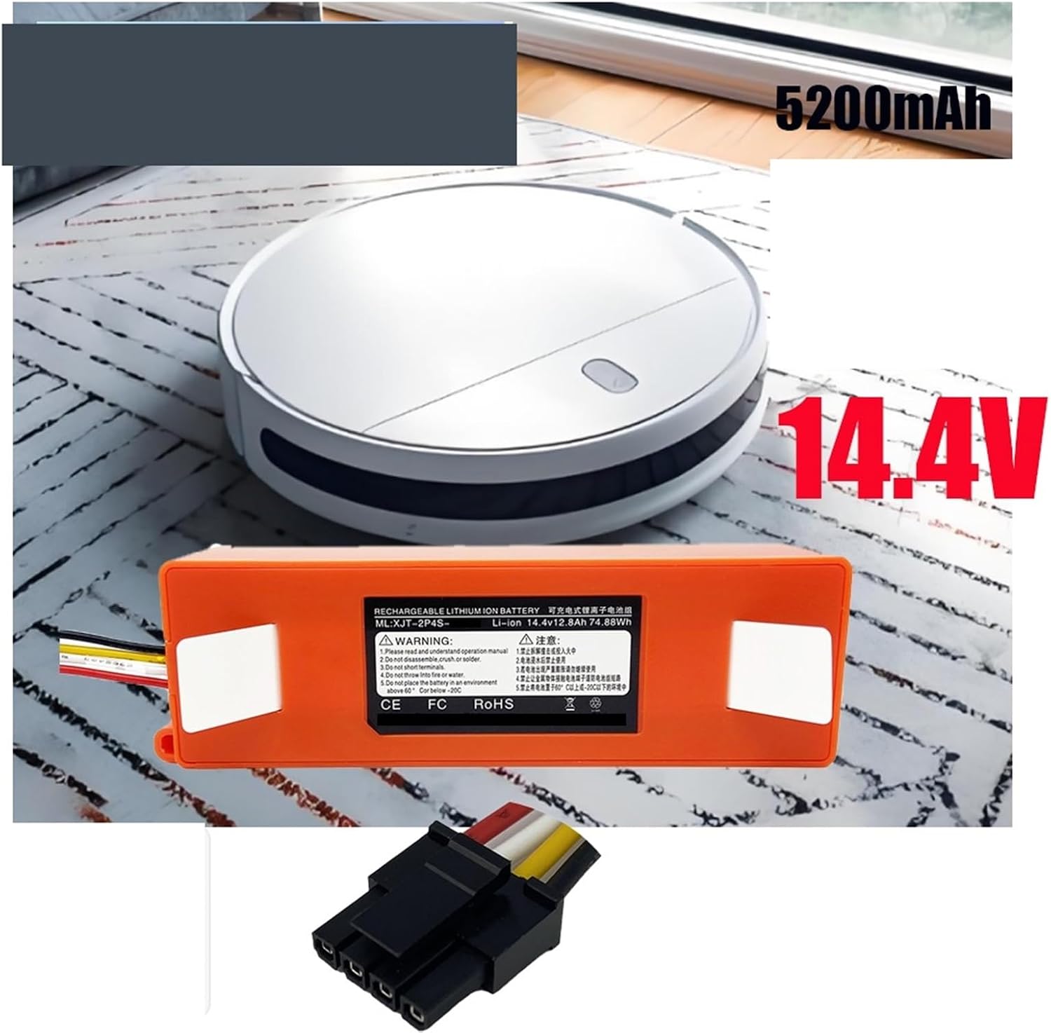 14.4V 5200mAh Battery，Compatible For Roborock，S6 S7 MaxV Q5 Q7 MAX Robot Vacuum Cleaner Accessories Parts(5200mAh 1pcs)